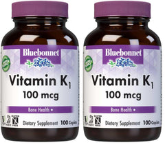 BlueBonnet Vitamin K1 100 mcg bottle front showing vegan, high-bioavailability K1 for bone health.