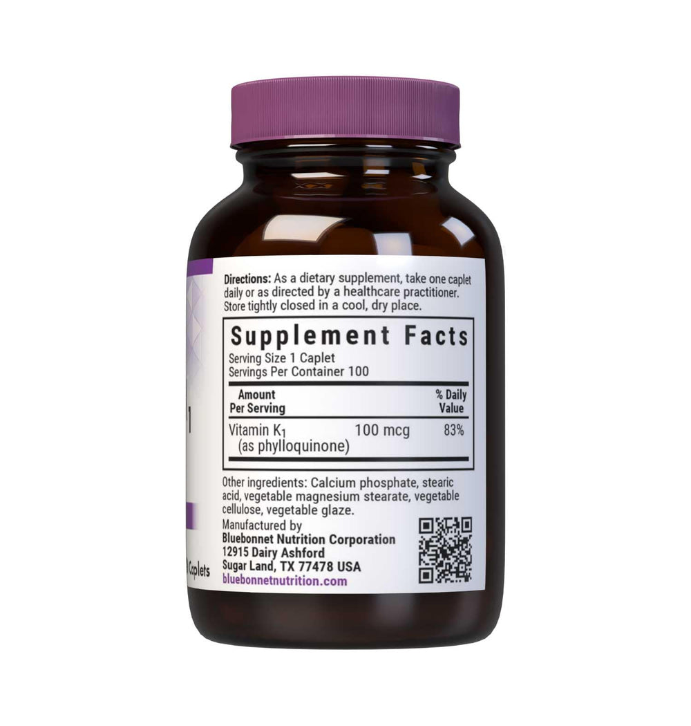 BlueBonnet Vitamin K1 100 mcg bottle side-label underlines non-GMO, kosher, gluten-free, dairy-free attributes.
