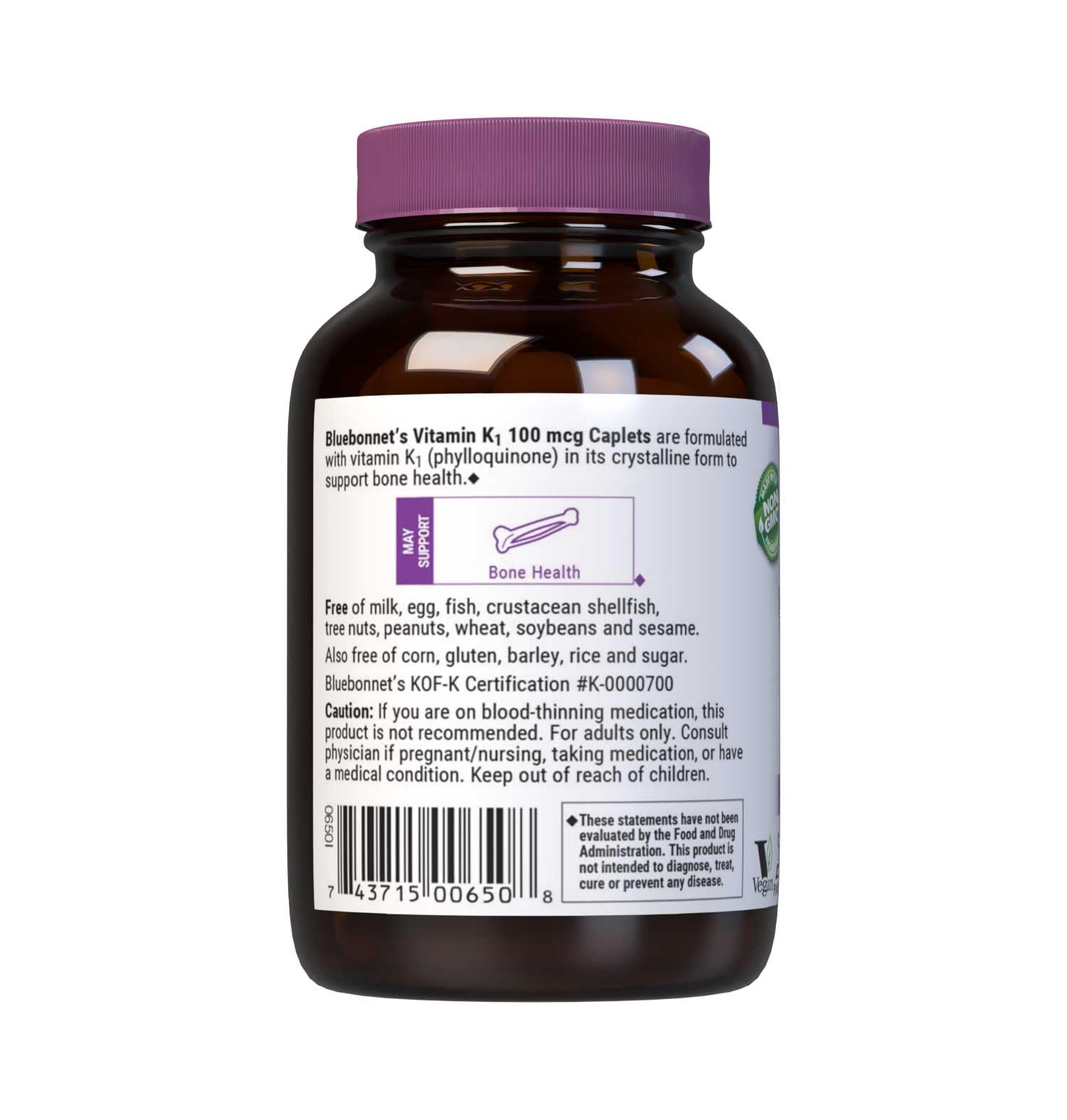 BlueBonnet Vitamin K1 100 mcg cap-closeup highlights amber glass packaging preserving potency and sustainability.
