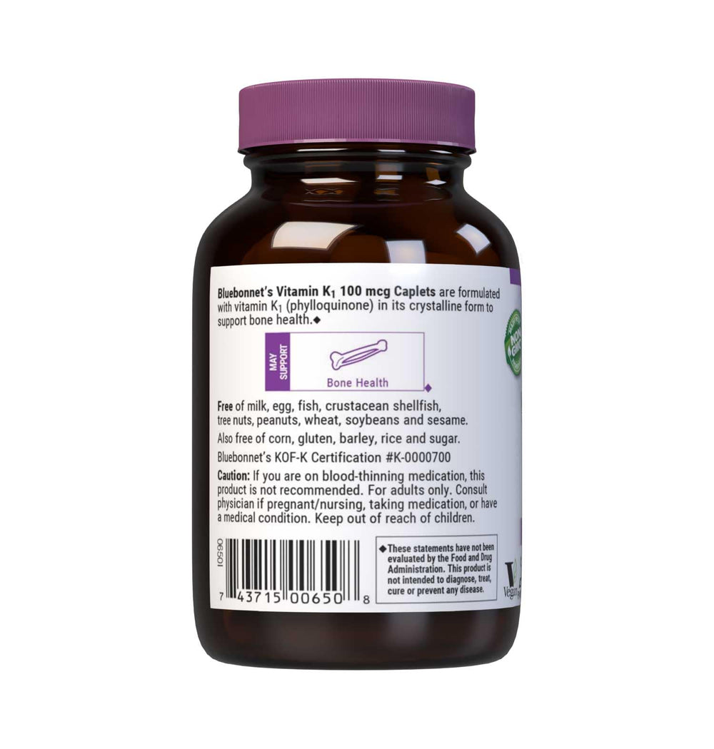 BlueBonnet Vitamin K1 100 mcg cap-closeup highlights amber glass packaging preserving potency and sustainability.