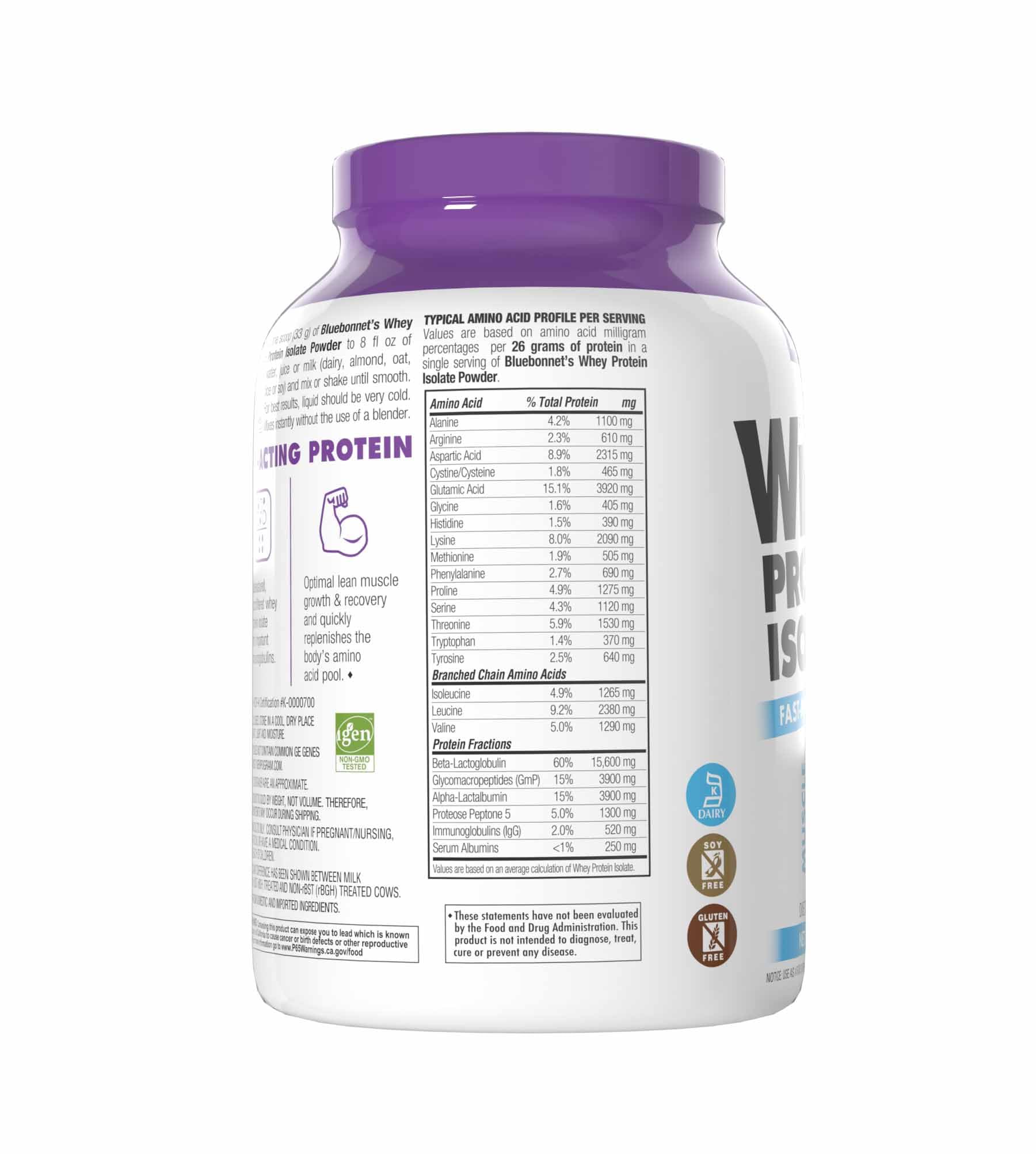 BlueBonnet whey protein isolate packaging with 2 lb size and 28 servings