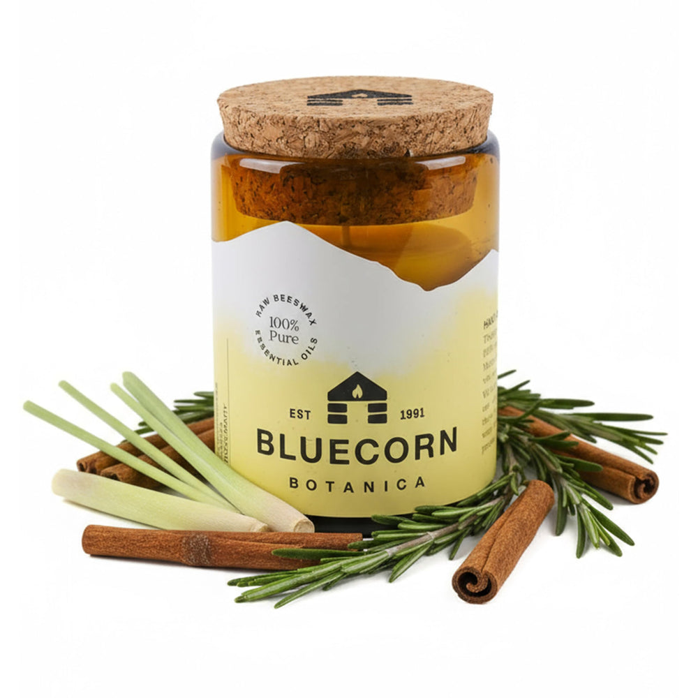 Bluecorn Beeswax large 3-wick candle in amber glass for warm, clean glow.