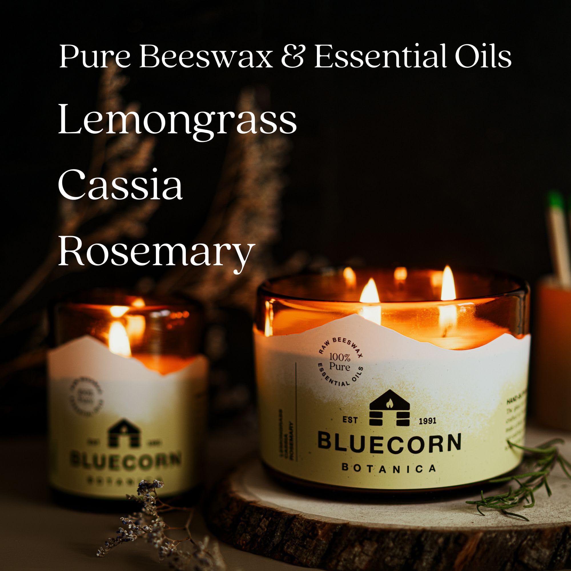 Bluecorn Beeswax lemongrass-cassia-rosemary aroma close-up.