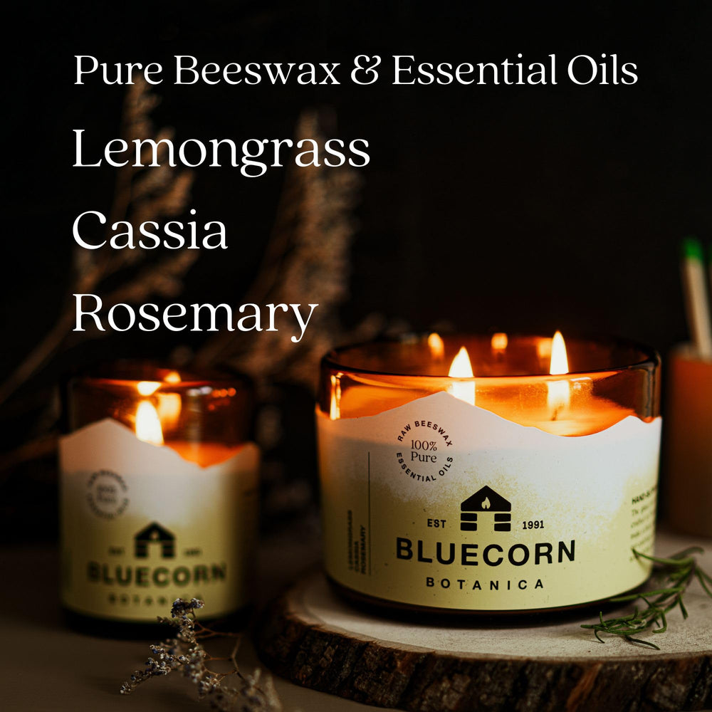 Bluecorn Beeswax lemongrass-cassia-rosemary aroma close-up.