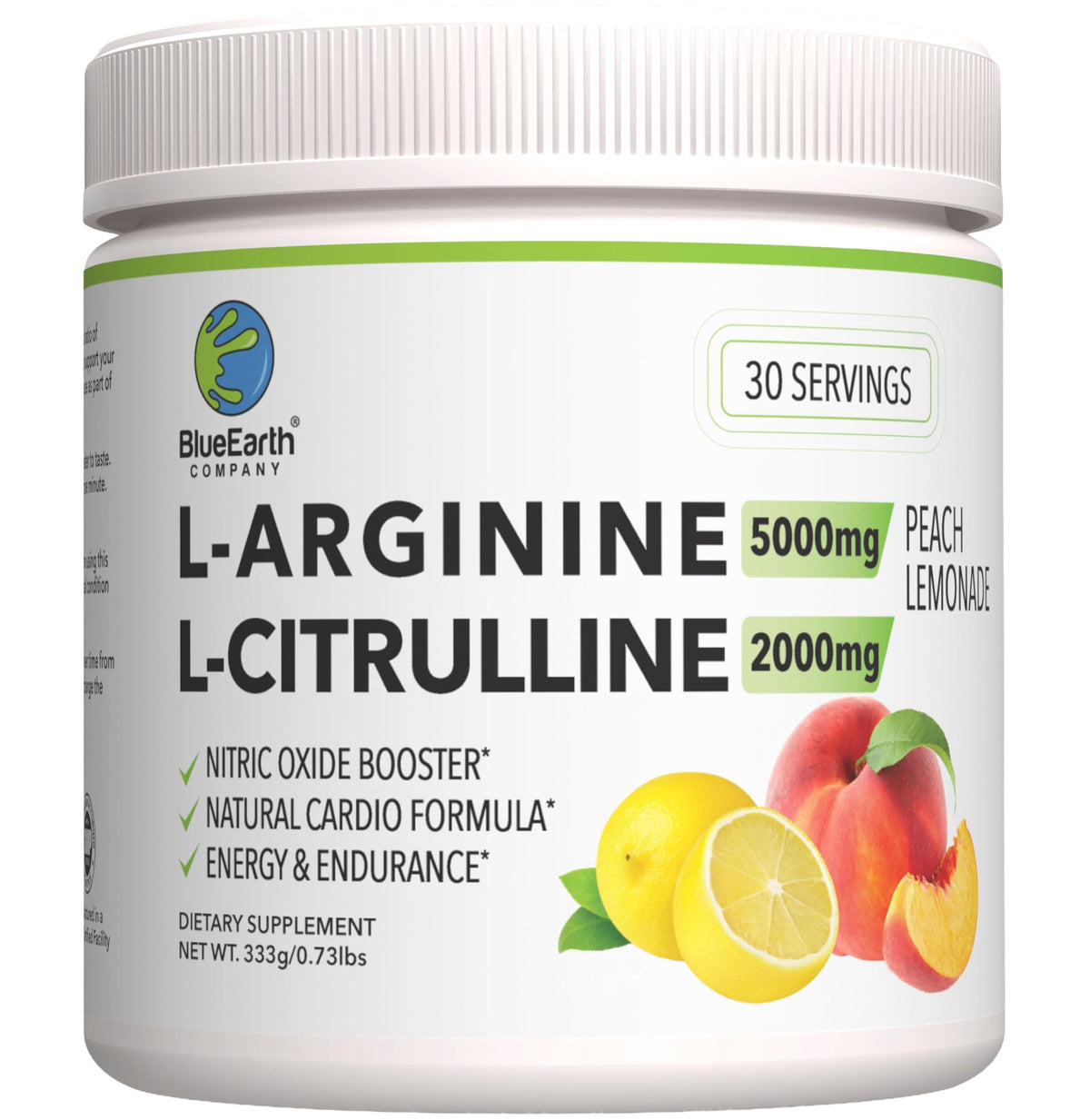 BlueEarth L-Arginine Peach Lemonade bottle highlights the nitric oxide support option for daily energy