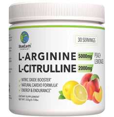 BlueEarth L-Arginine Peach Lemonade bottle highlights the nitric oxide support option for daily energy