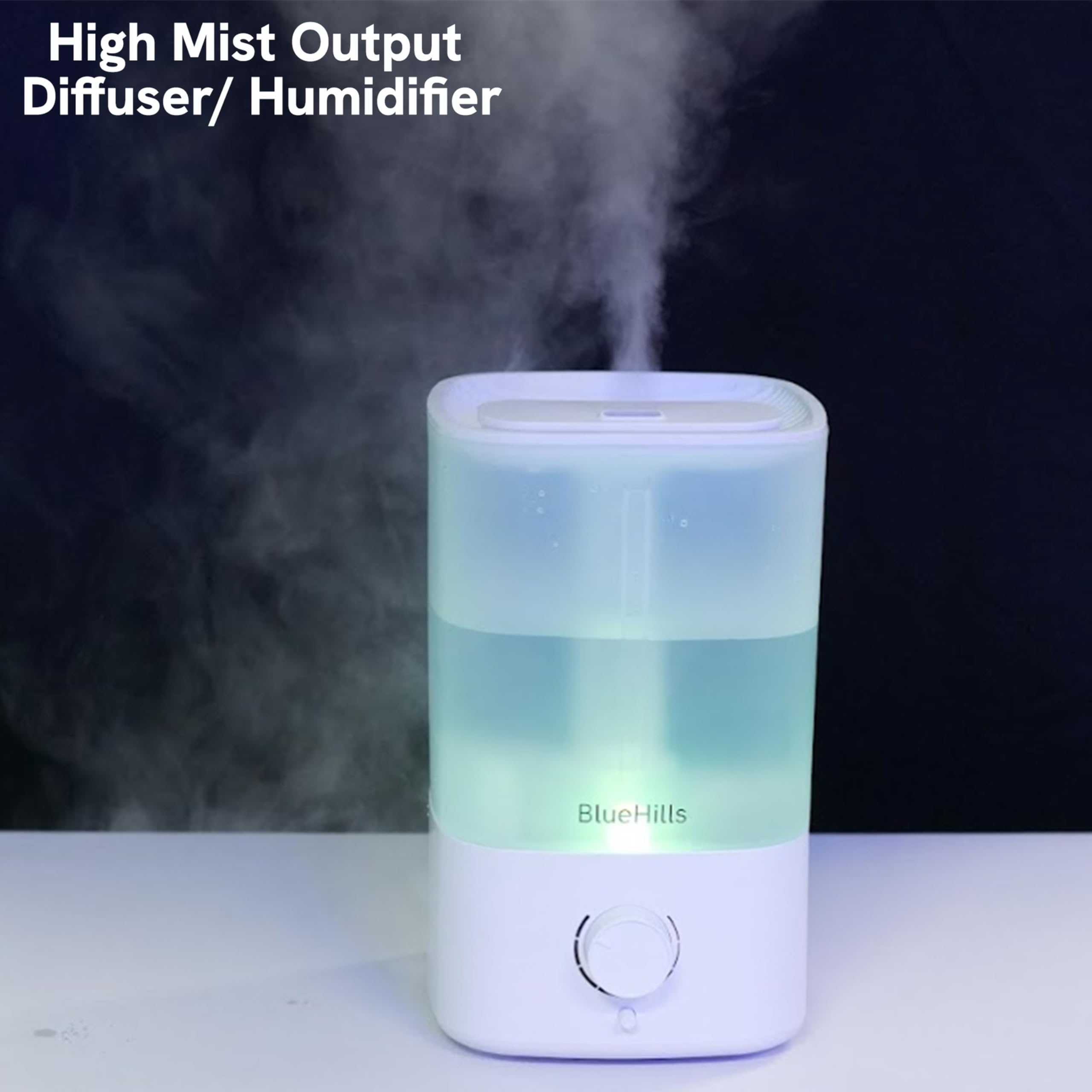 BlueHills quiet ultrasonic diffuser fits on nightstands and desks with near-silent operation.