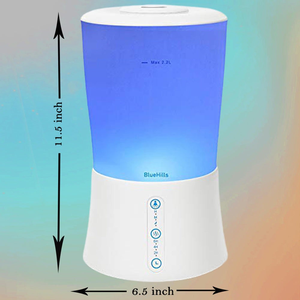 BlueHills diffuser with color-changing LED lights in action.