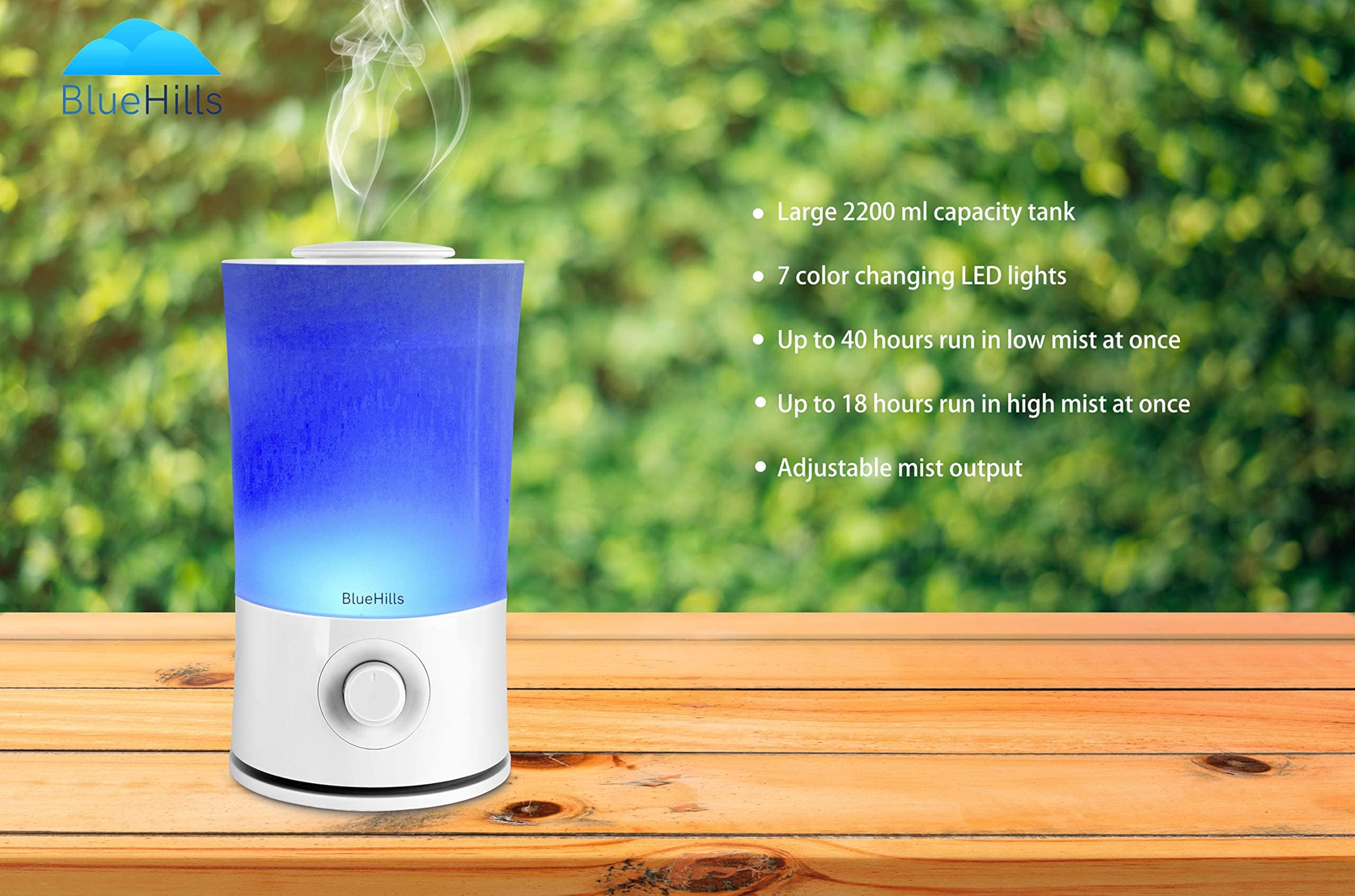 BlueHills diffuser humidifier function helping to balance indoor air humidity