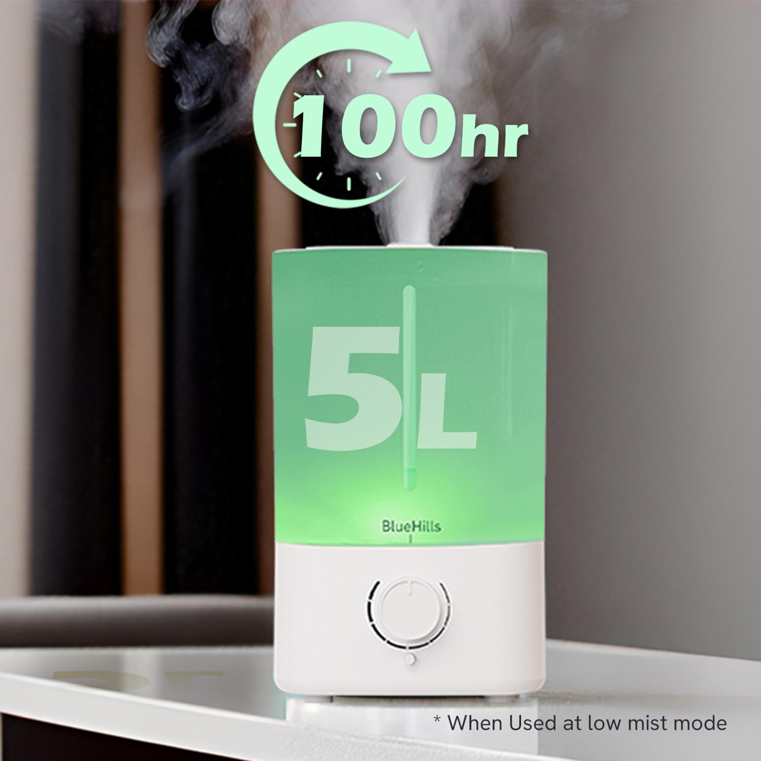 BlueHills diffuser with 7 LED color options enhances ambiance and mood lighting.