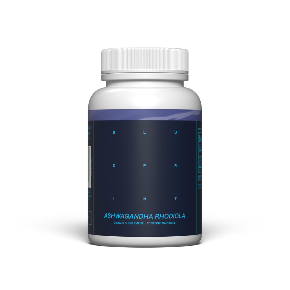 Blueprint Bryan Johnson Ashwagandha & Rhodiola bottle-front showing 30-day adaptogen support for daily balance.