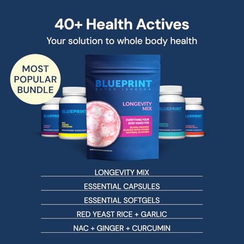 Blueprint Bryan Johnson Essential Capsules bottle with water supports a simple daily ritual