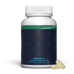 Blueprint Bryan Johnson Omega-3 bottle close-up highlighting algae-based EPA/DHA for brain support.