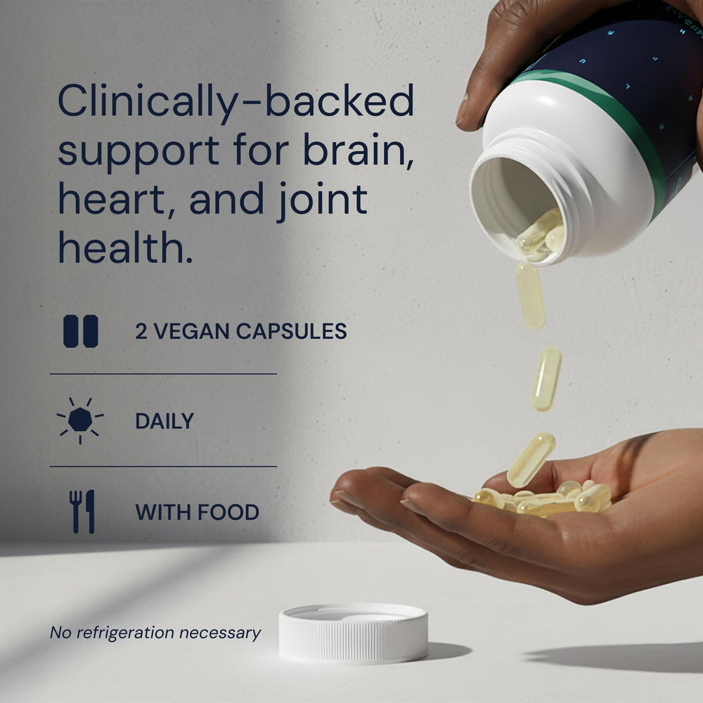 Blueprint Bryan Johnson Omega-3 eco-packaging emphasizing sustainable algae source.