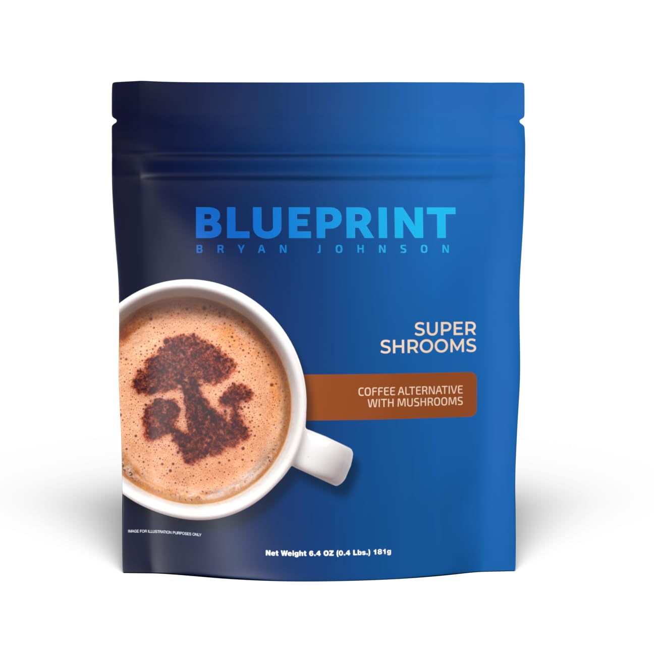 Blueprint Bryan Johnson Super Shroom Coffee canister closeup showing premium blend for focused mornings