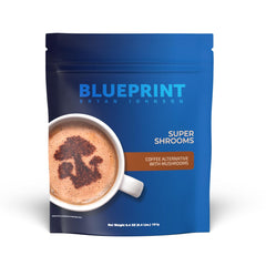 Blueprint Bryan Johnson Super Shroom Coffee canister closeup showing premium blend for focused mornings