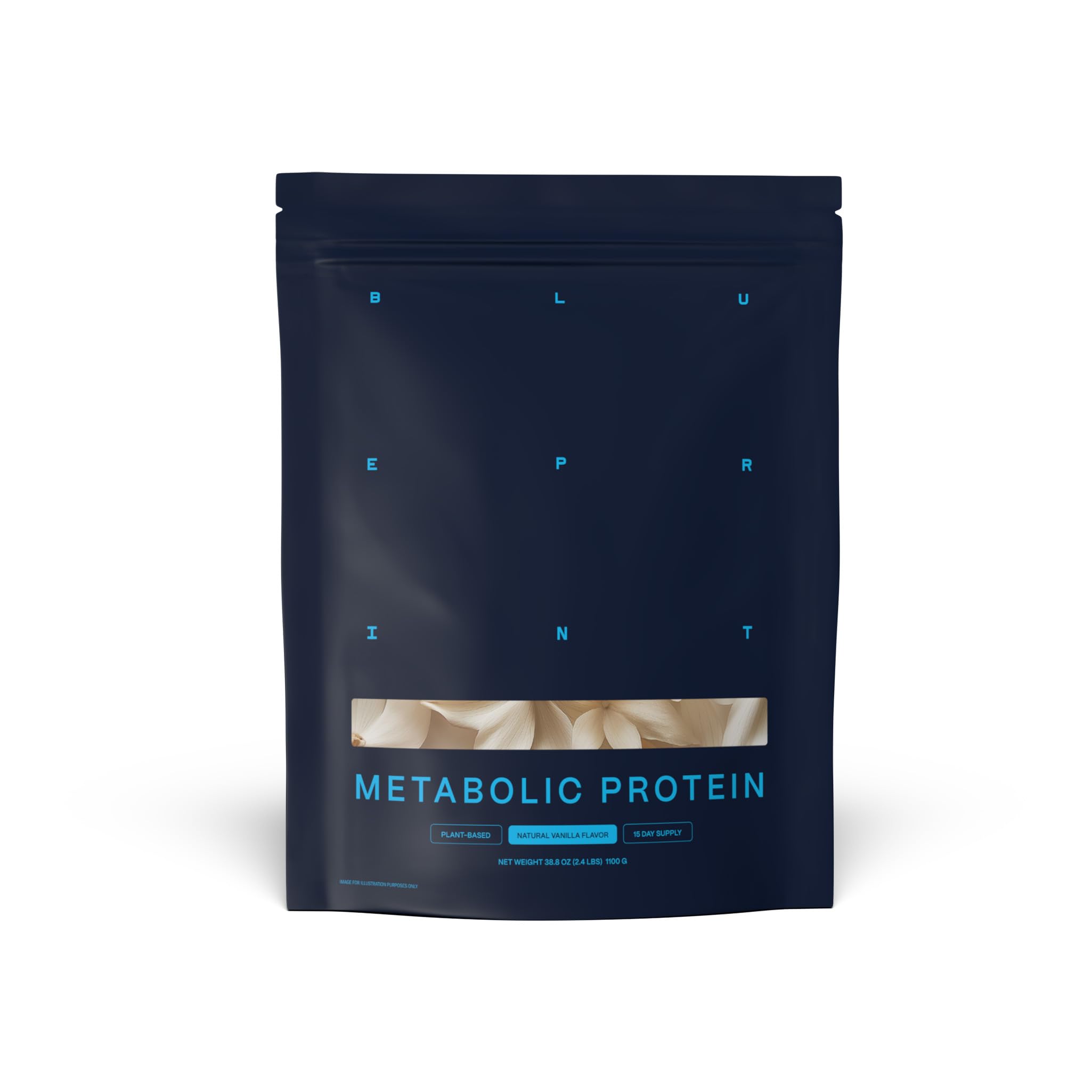 Blueprint by Bryan Johnson vanilla protein bottle shows 27g plant-based protein per serving.