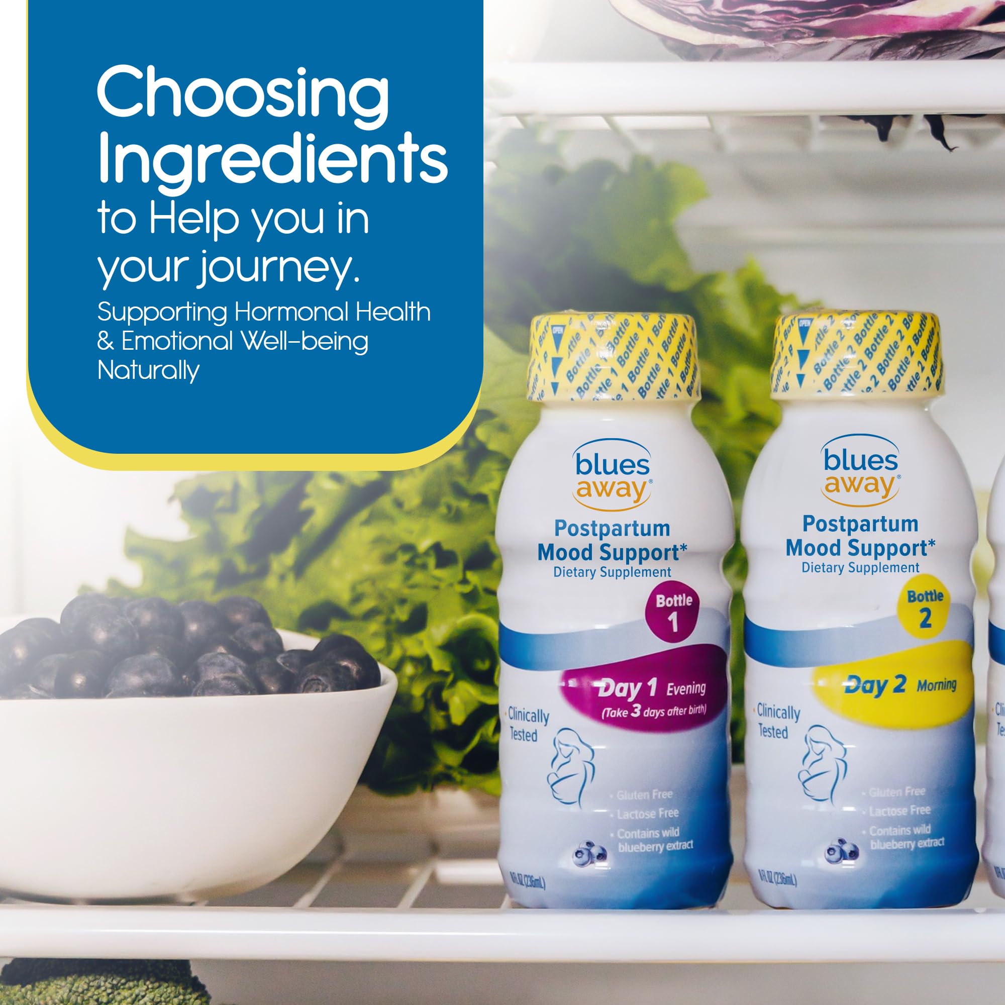 Blues Away packaging box showing the postpartum mood support regimen.