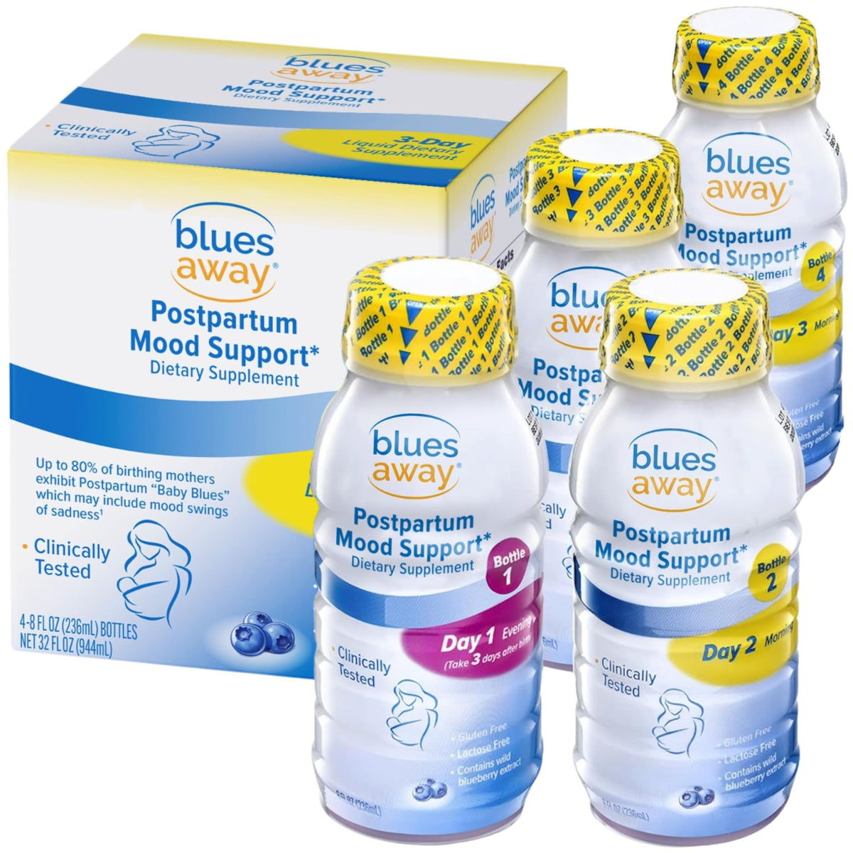 Blues Away postpartum mood support bottle Day 1 Evening for evening intake after birth.