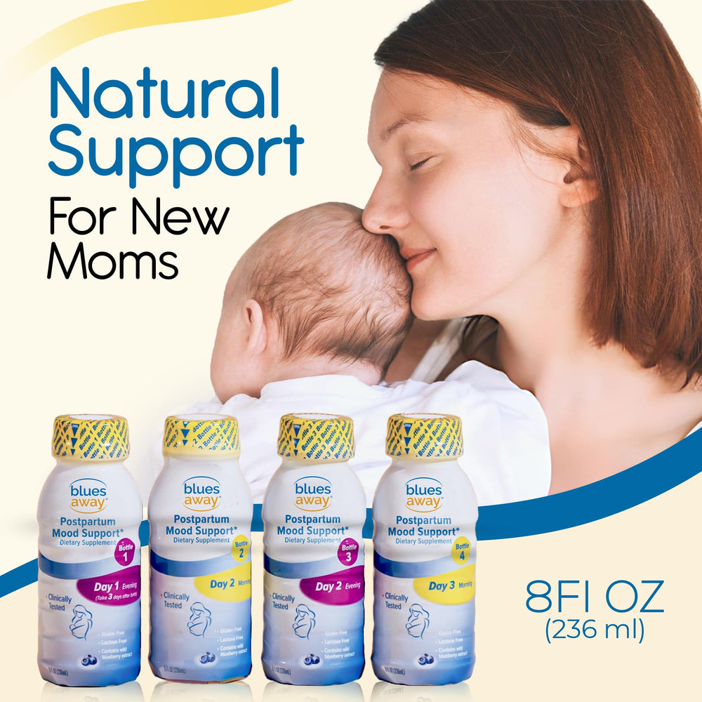 Blues Away postpartum mood support bottle Day 2 Evening for evening intake after birth.