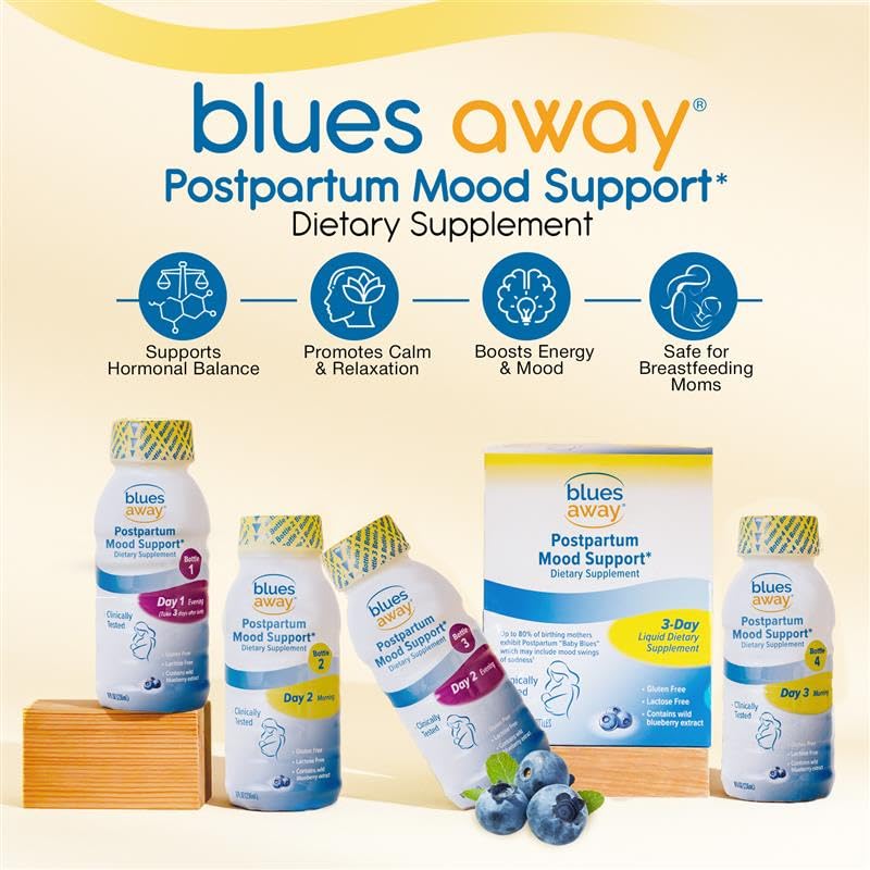 Blues Away postpartum mood support bottle Day 2 Morning for morning intake after birth.