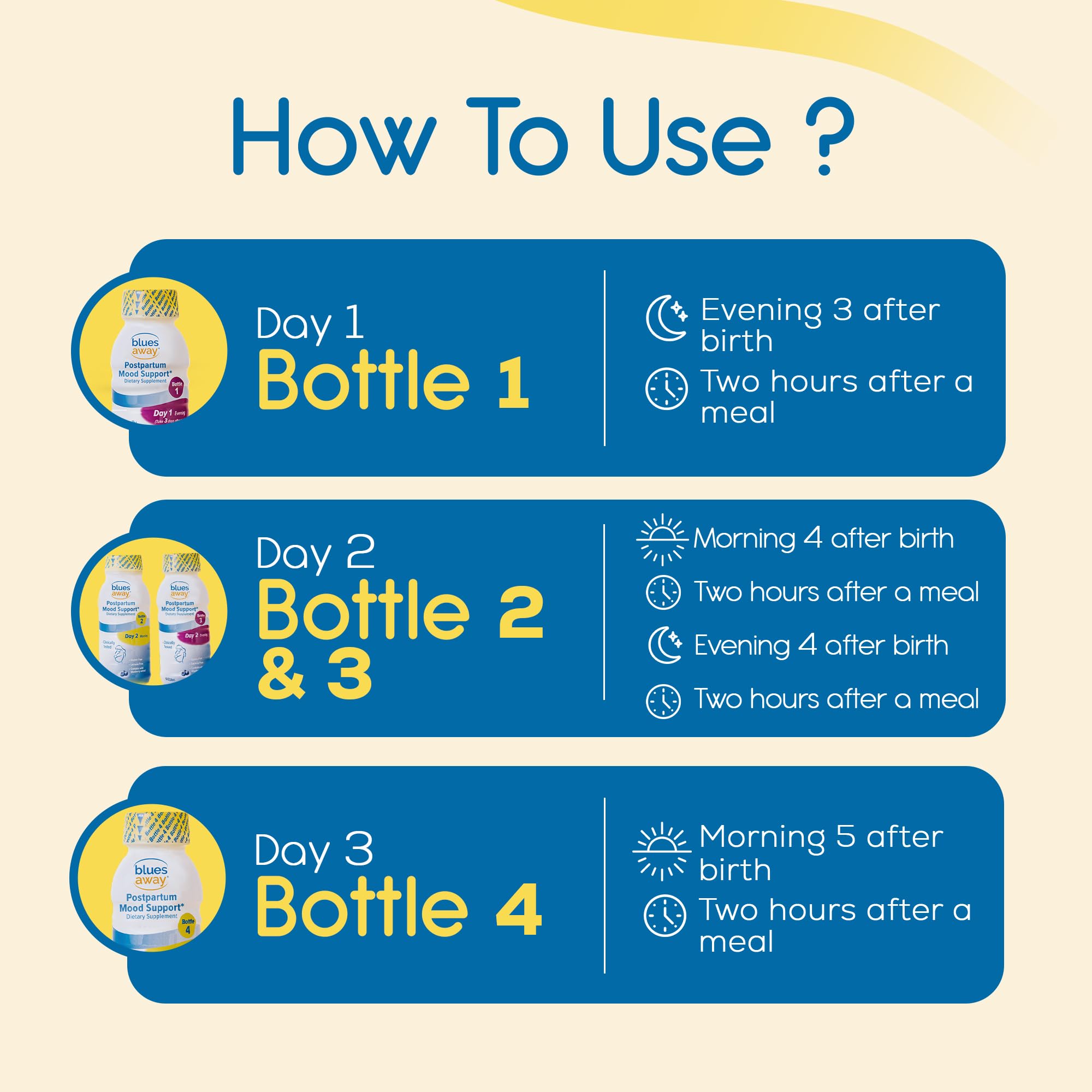 Blues Away postpartum mood support bottle Day 3 Morning for final day intake.