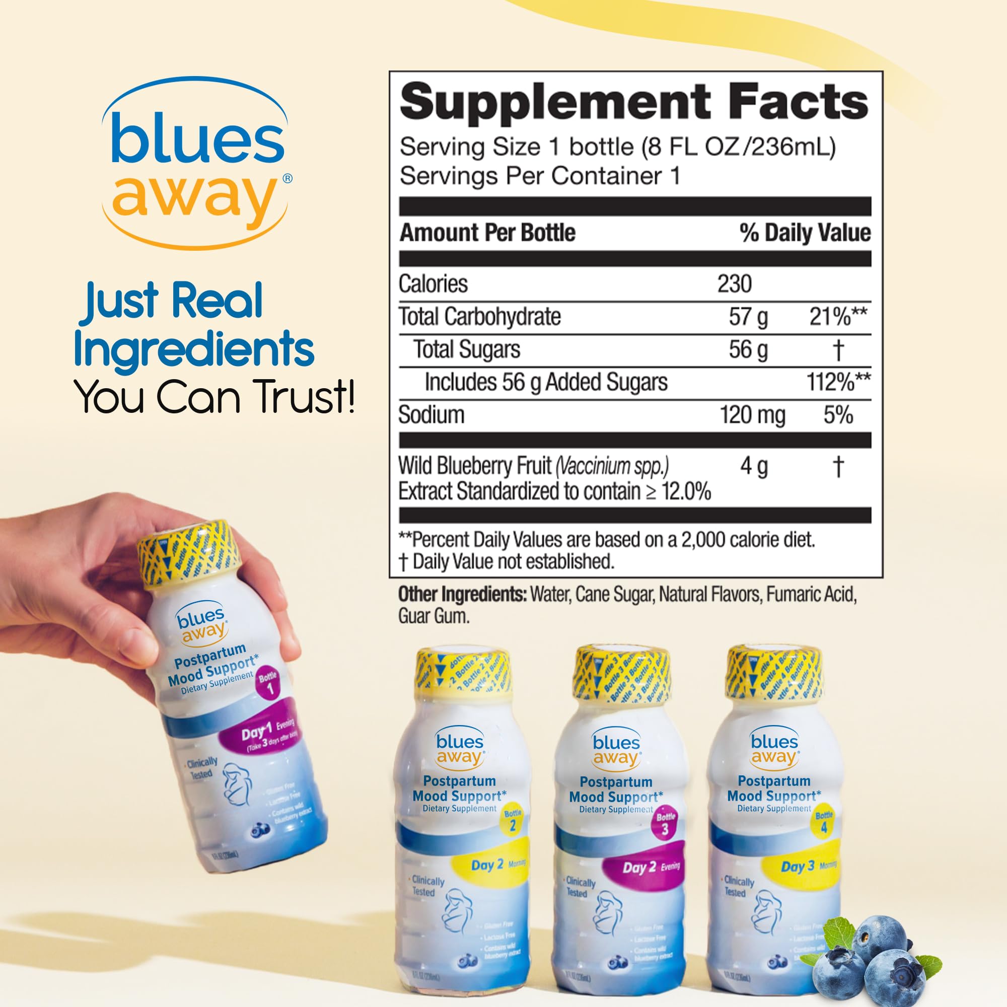Blues Away regimen ingredients highlight wild blueberry and amino acids for mood support.