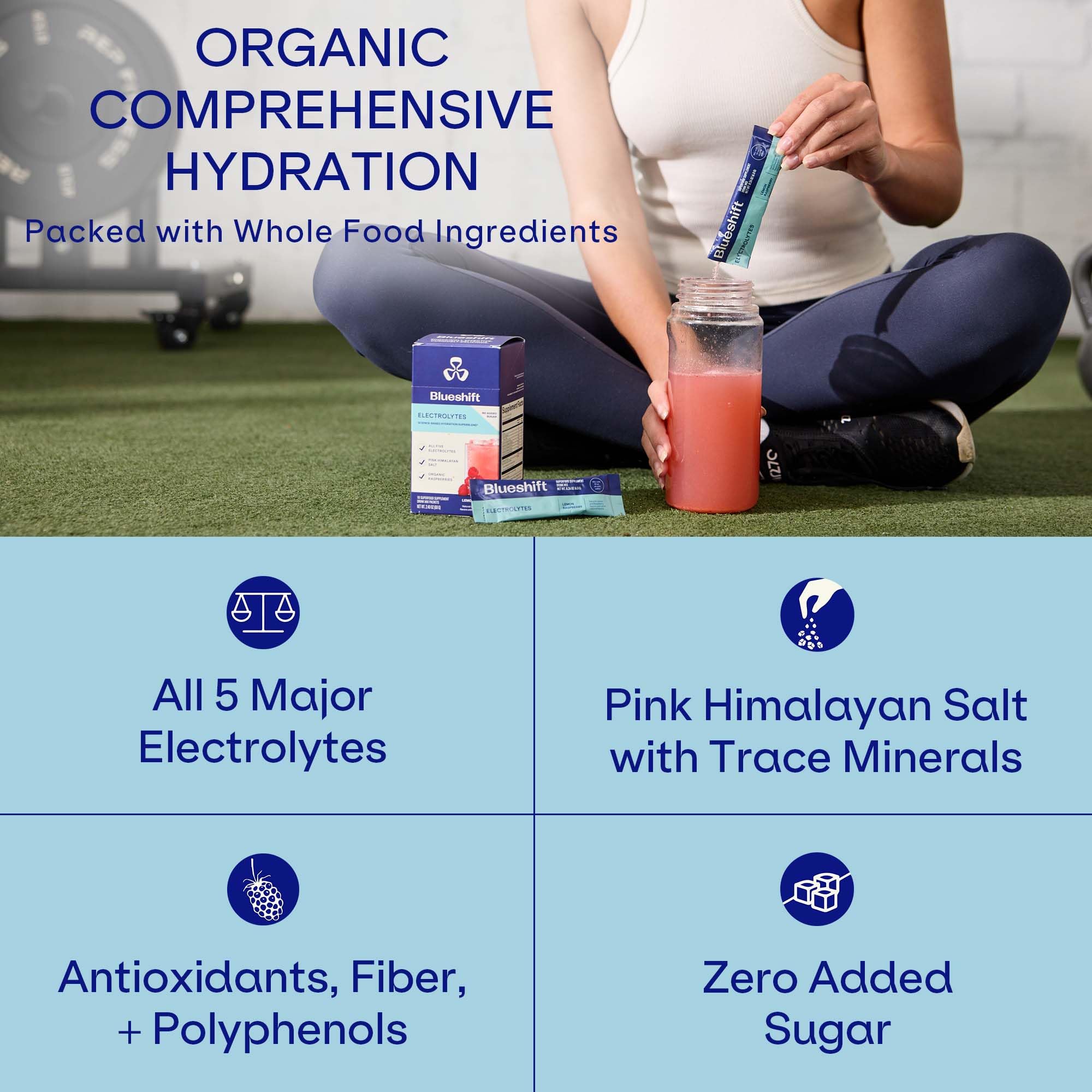 Blueshift Electrolytes pour into glass showing lemon raspberry flavor.