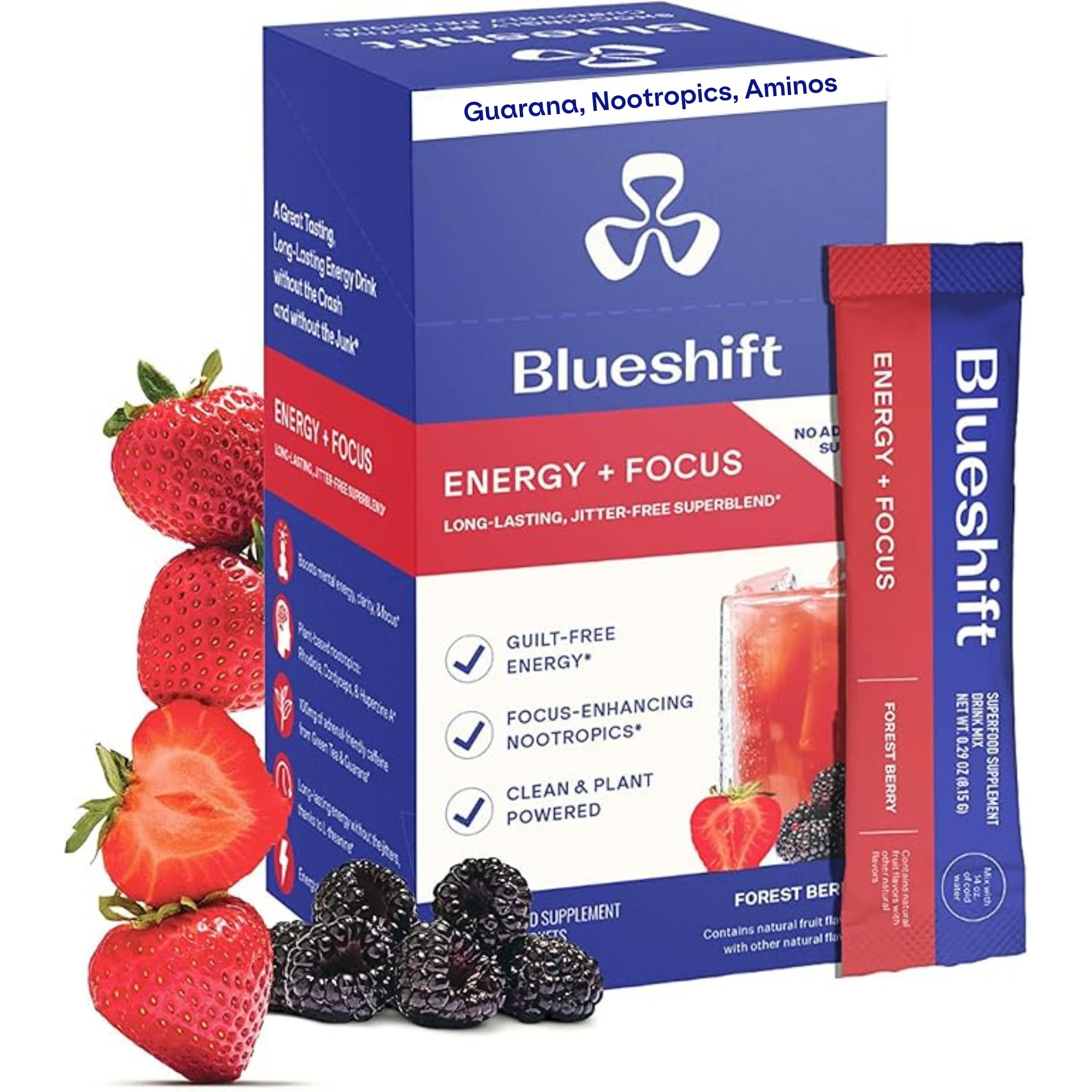 Blueshift Energy + Focus packets close-up for on-the-go energy.
