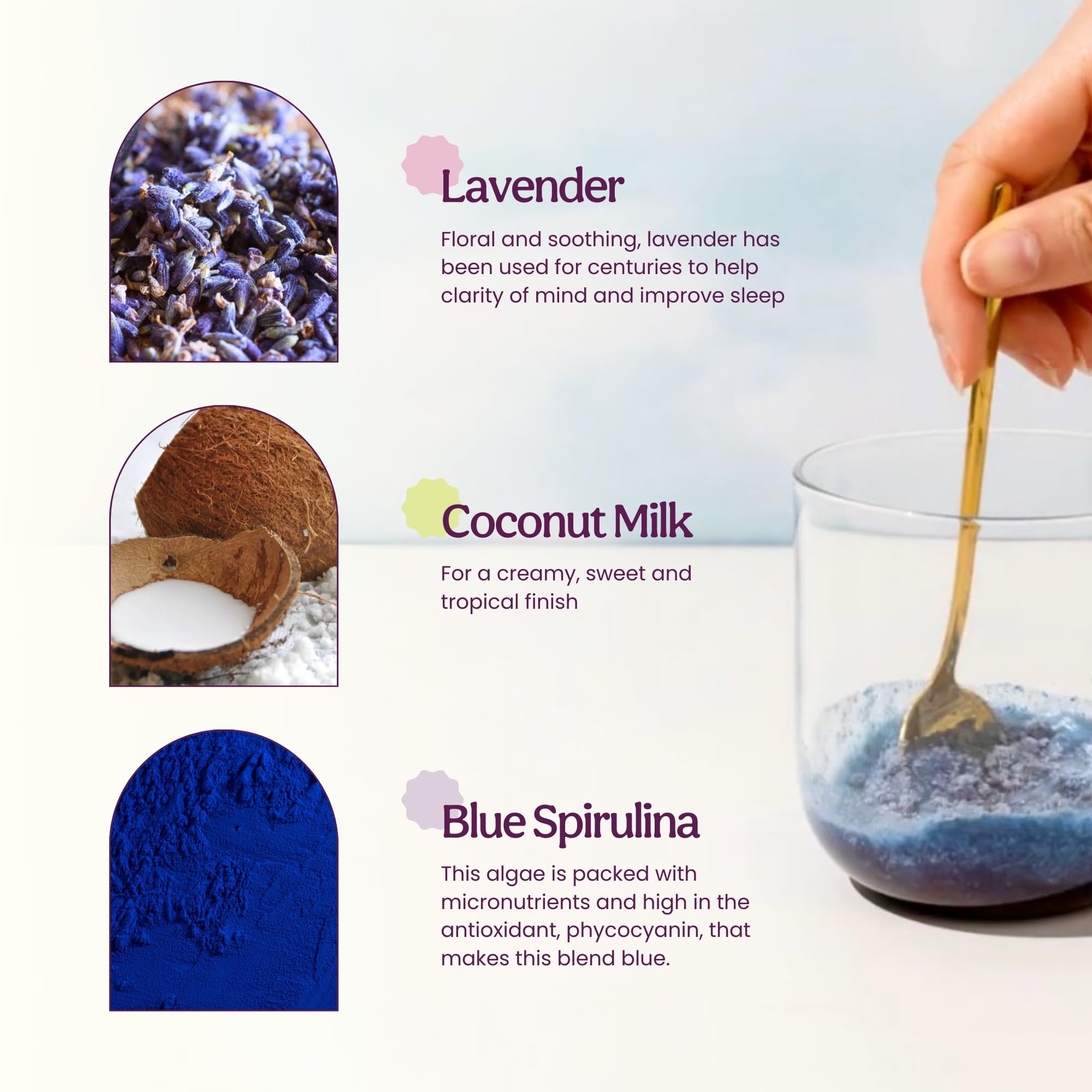 Blume packaging pouch with Blue Lavender Powder highlighting organic, keto-friendly ingredients.