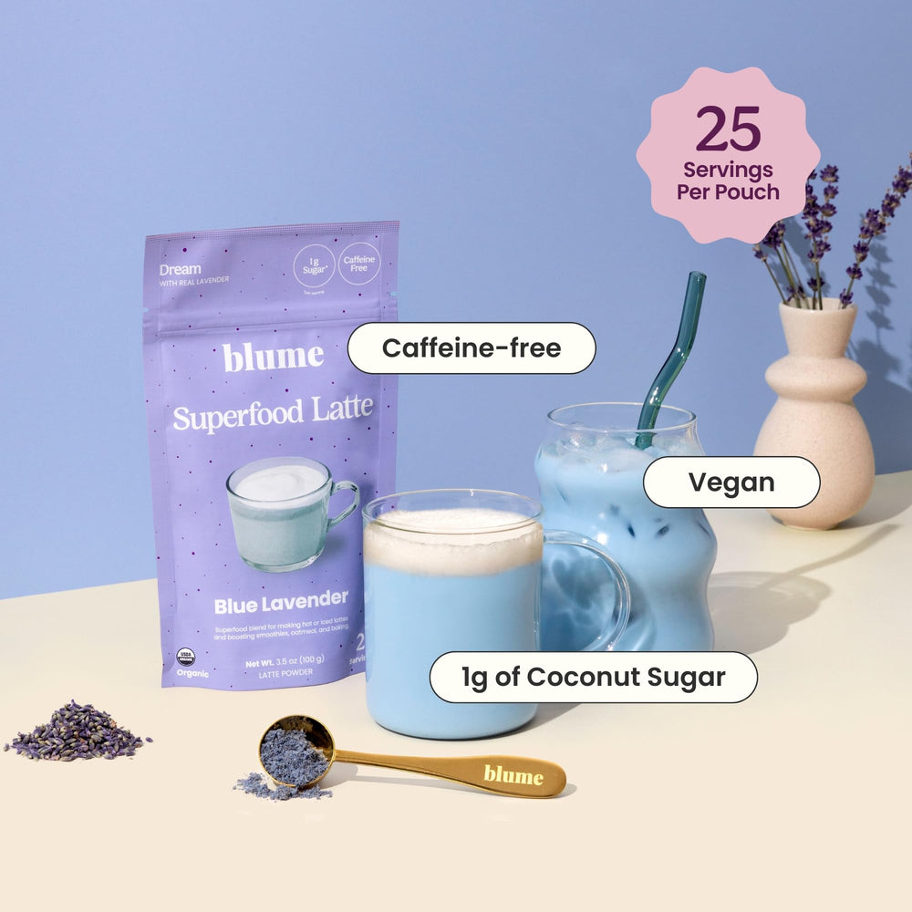 Blume Blue Lavender Powder pour into cup for a soothing, caffeine-free drink.