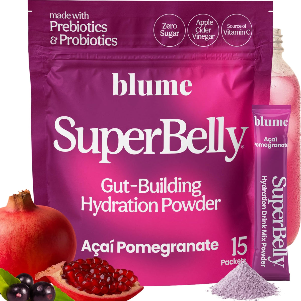 Blume SuperBelly packet pours into glass for quick hydration on the go
