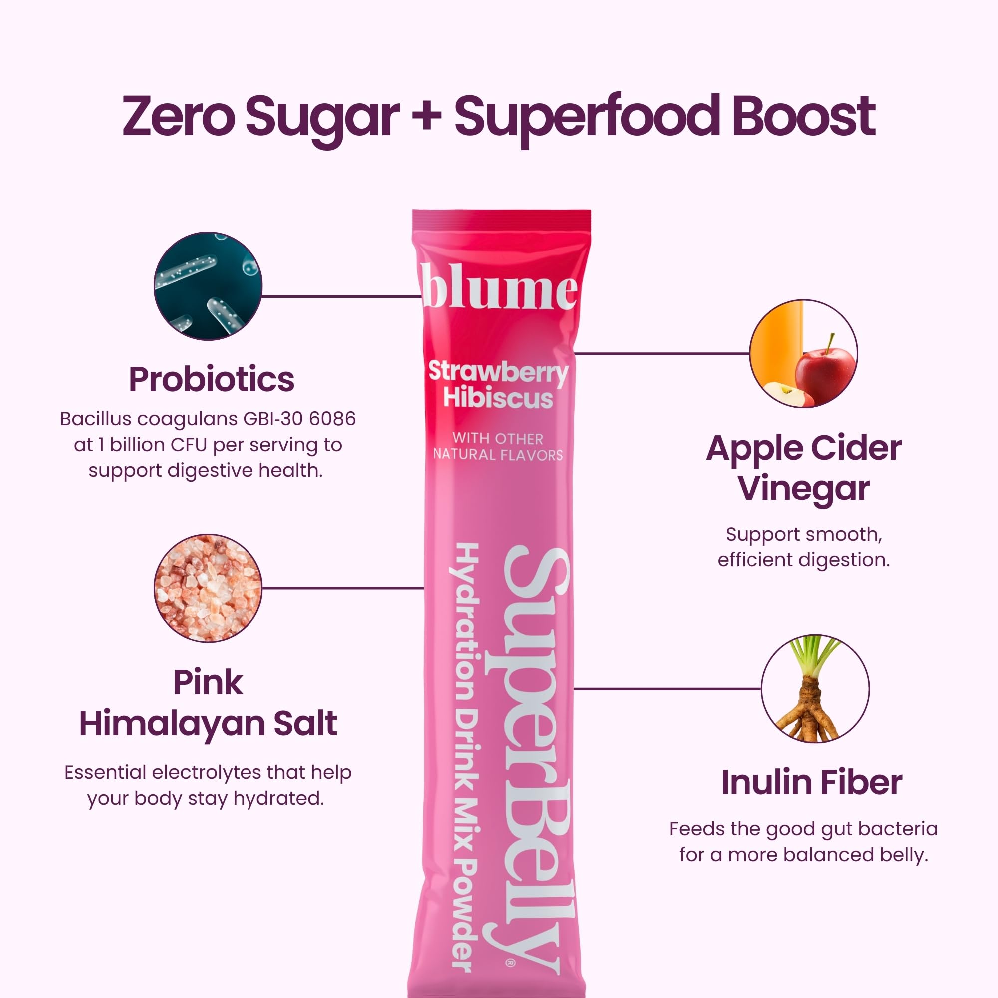 Blume SuperBelly pink lemonade drink color, sugar-free and tasty.