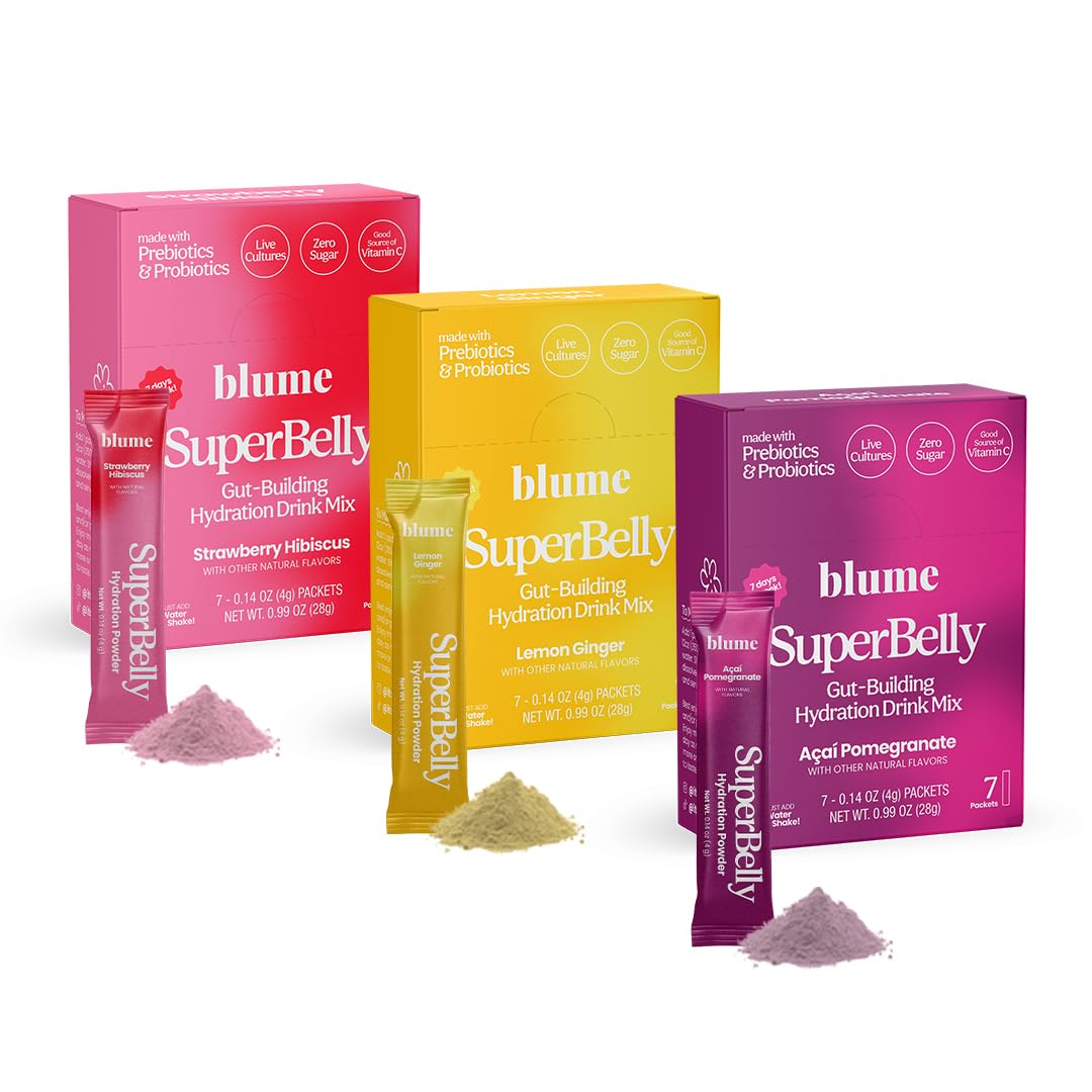 Blume SuperBelly variety pack front label for three flavors, ideal for daily hydration.