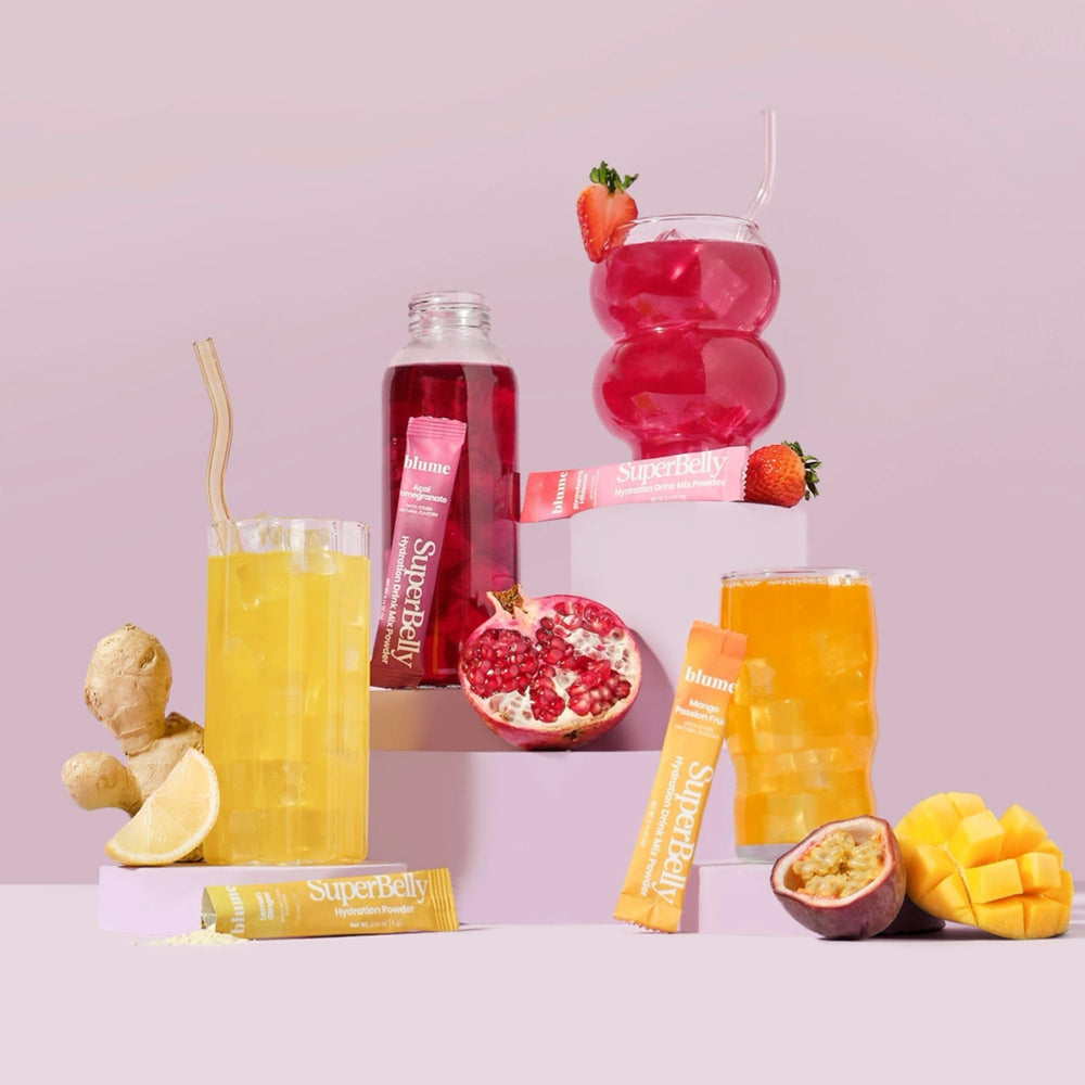 Blume SuperBelly sugar-free and caffeine-free labeling emphasizing flavor without sugar