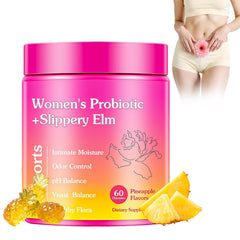 Blumskin Her Juicy feminine probiotics bottle showing pineapple-flavored gummies that may support balance.