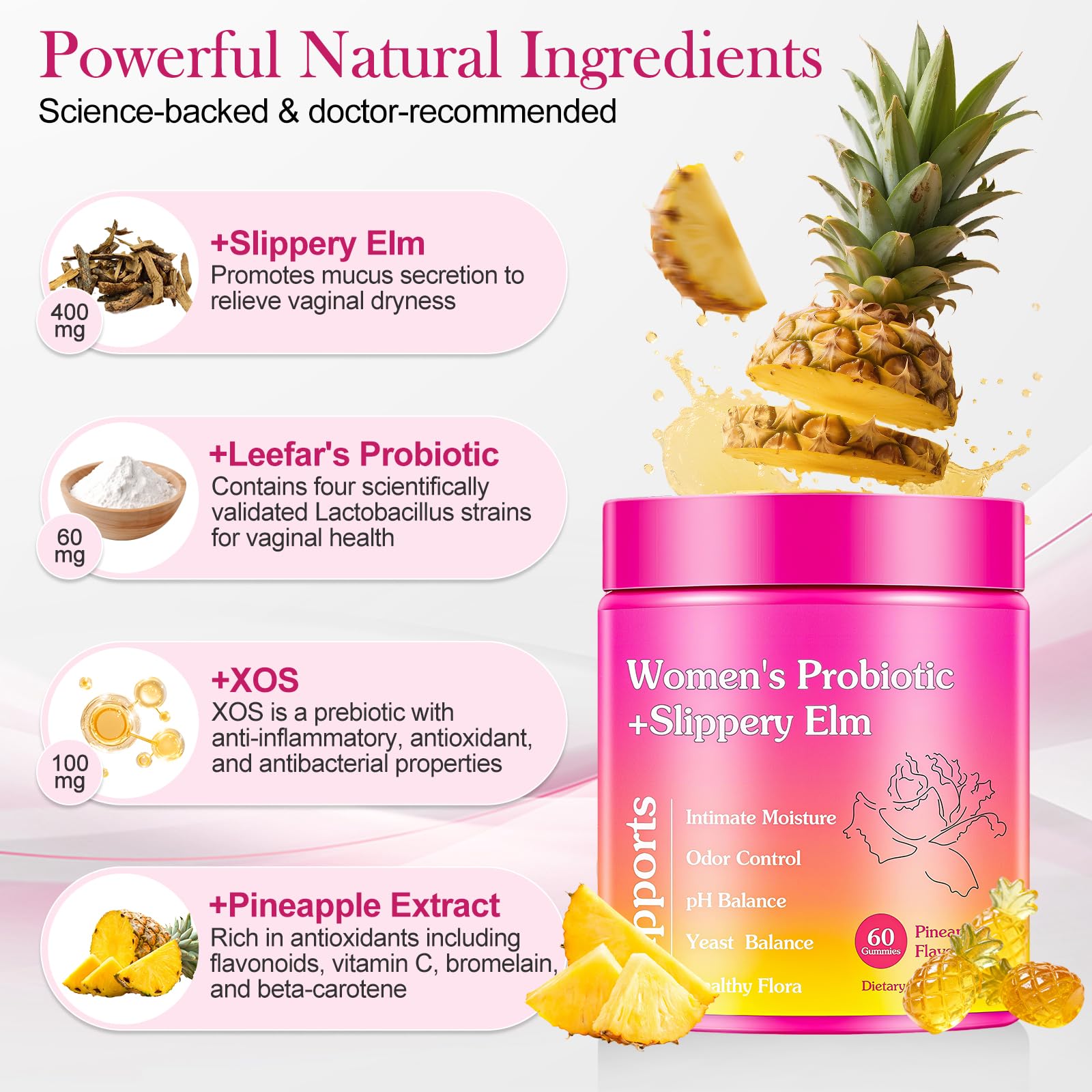 Blumskin pineapple-flavor feminine probiotics gummies highlighting tropical taste and daily use.