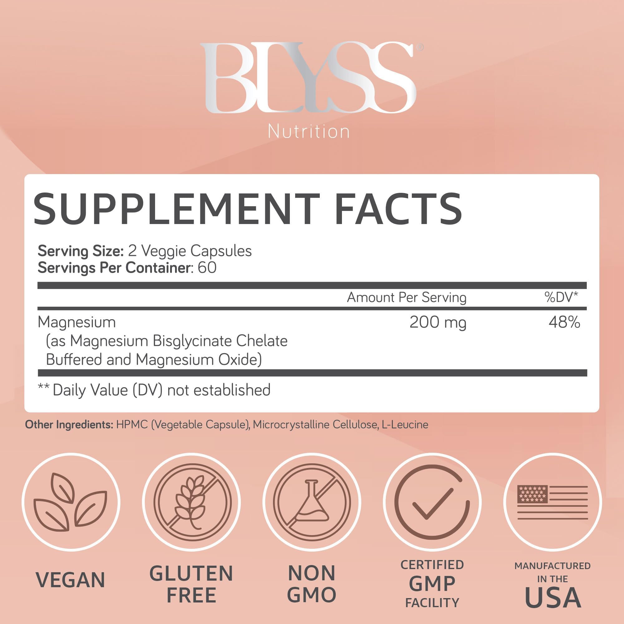 BLYSS Magnesium Glycinate 200 mg capsules close-up for daily support.