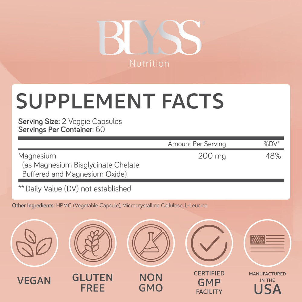 BLYSS Magnesium Glycinate 200 mg capsules close-up for daily support.