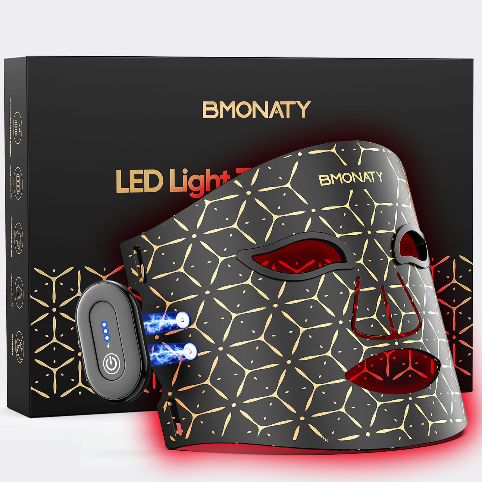 BMONATY red light mask on the face front view, convenient for at-home sessions.