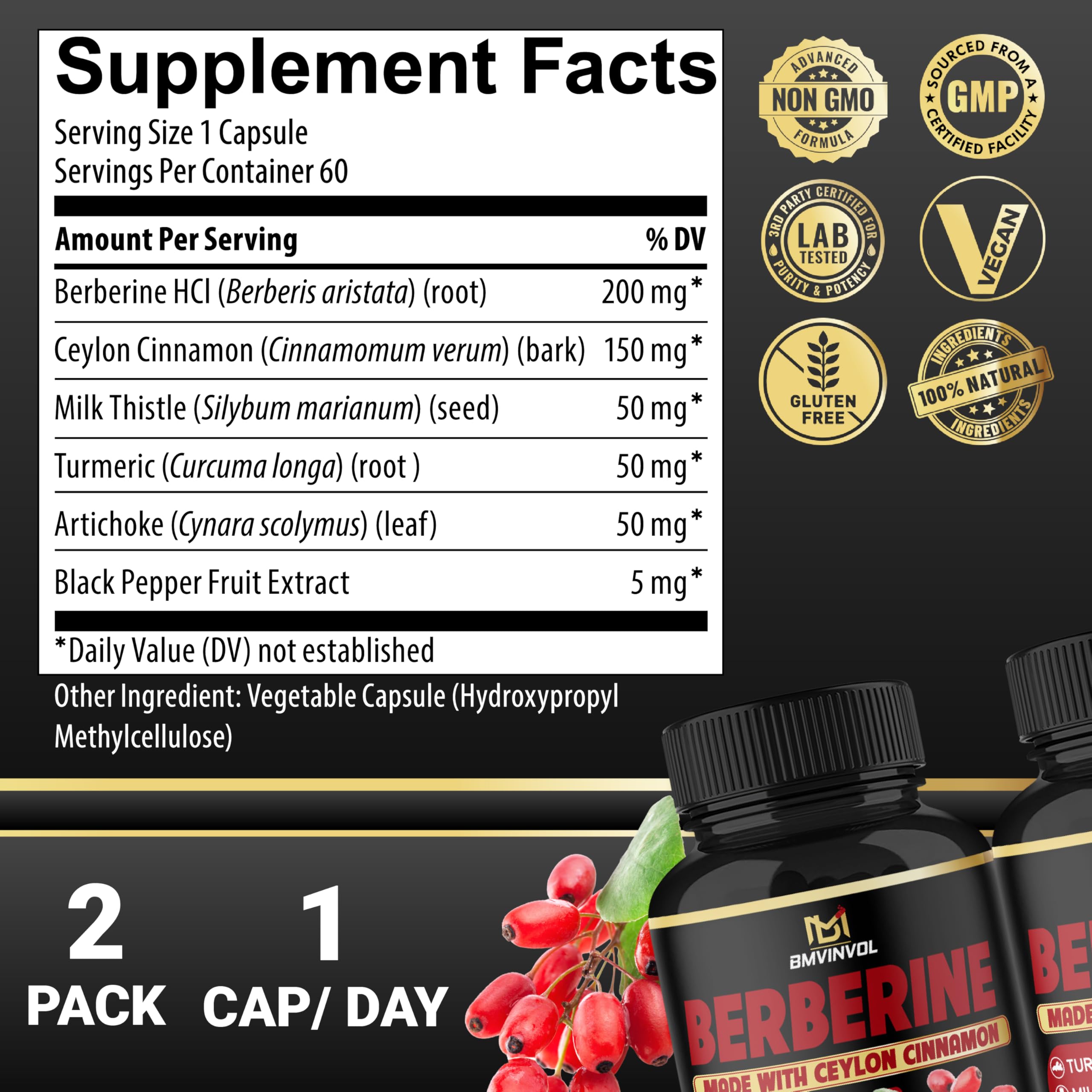 BMVINVOL Berberine capsules close-up, convenient daily intake.