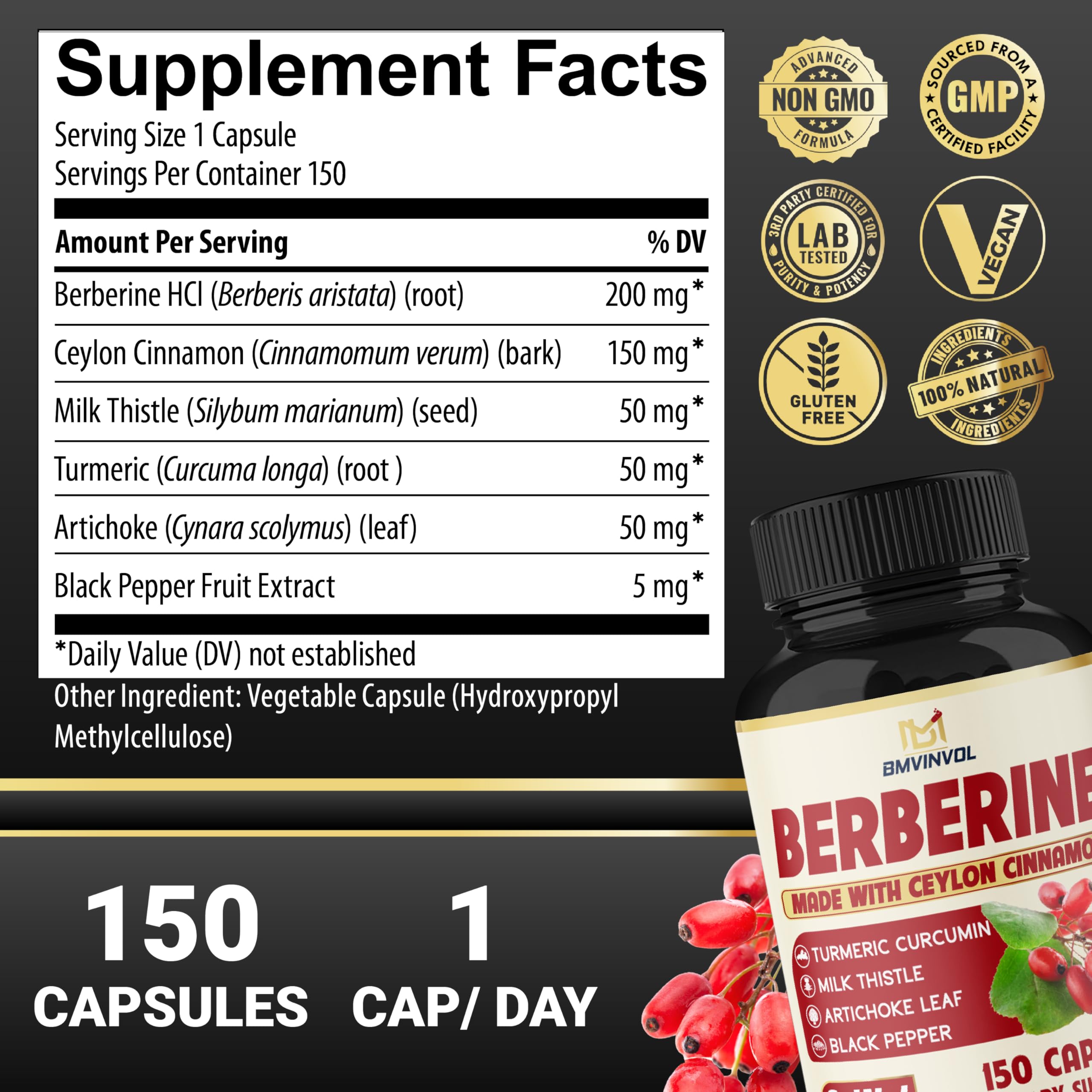 Close-up of BMVINVOL Berberine capsule showing compact, easy-to-swallow design.