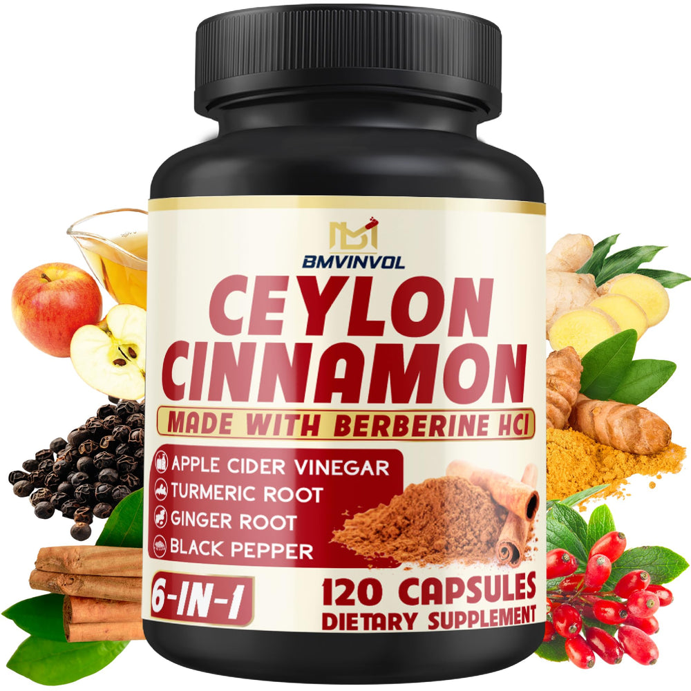 BMVINVOL Ceylon Cinnamon 6-in-1 capsules bottle highlights a multi-ingredient blend for daily routine.