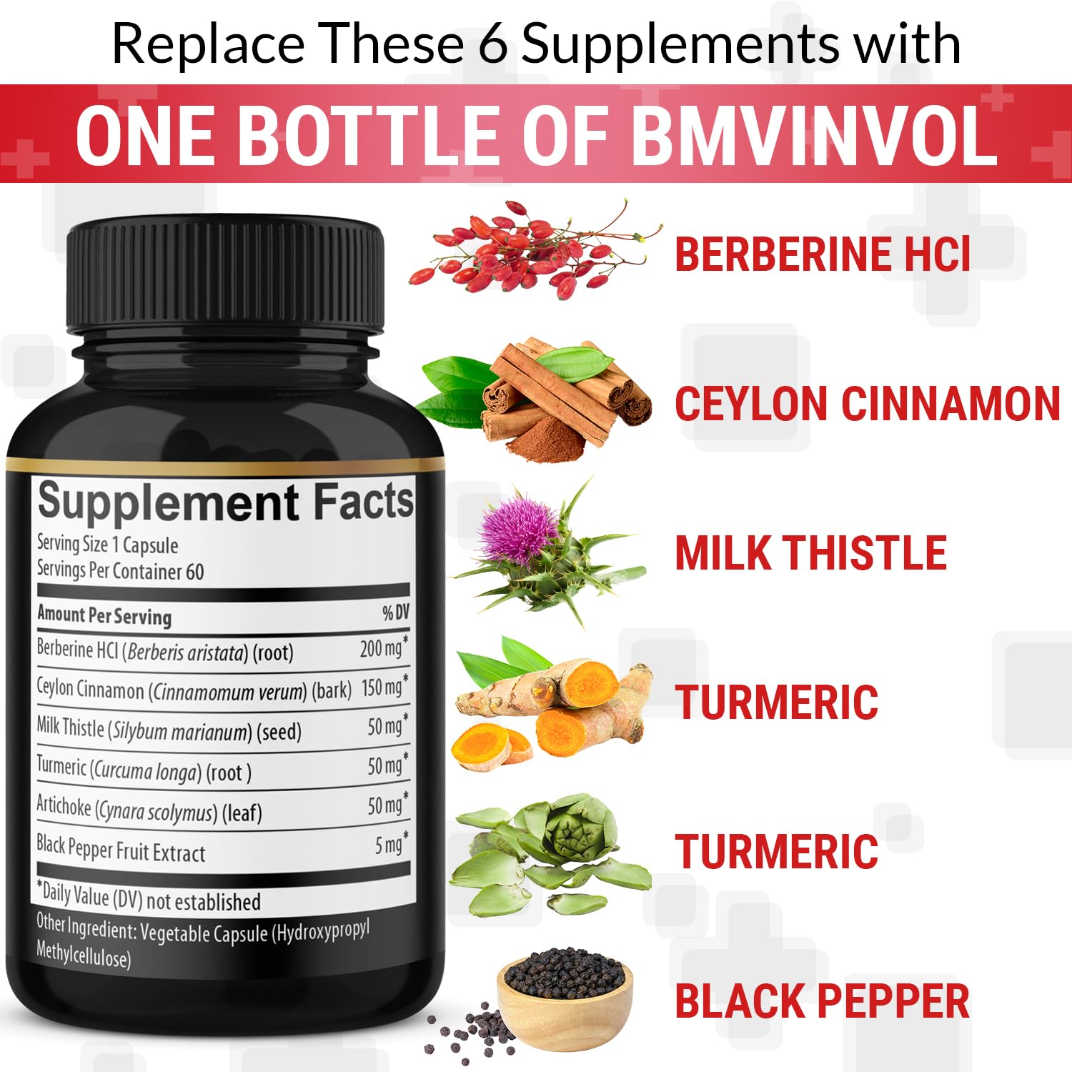BMVINVOL Cinnamon bottle highlights fragrant daily wellness blend.