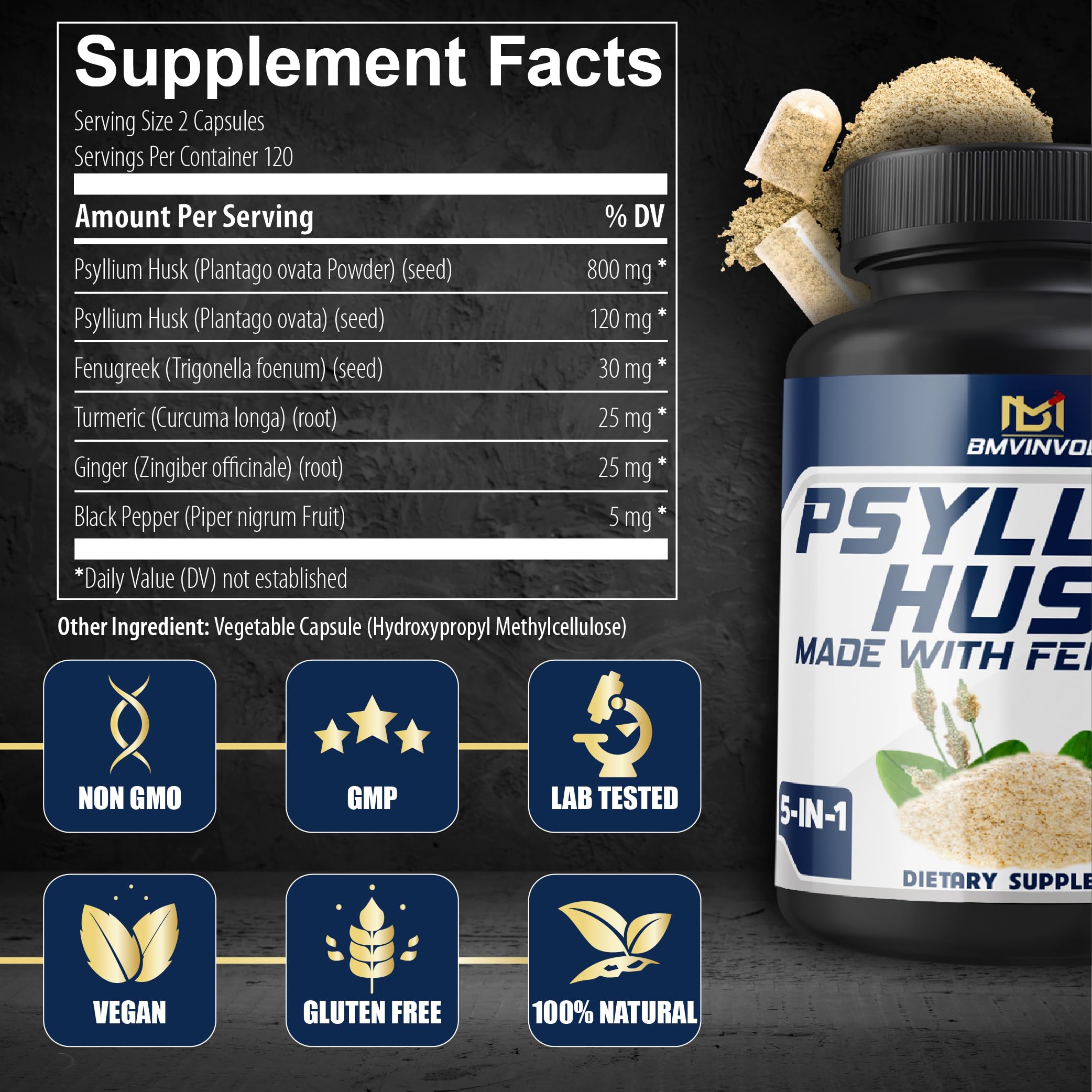 BMVINVOL blend of fenugreek, turmeric, ginger, and black pepper capsules for gut health.