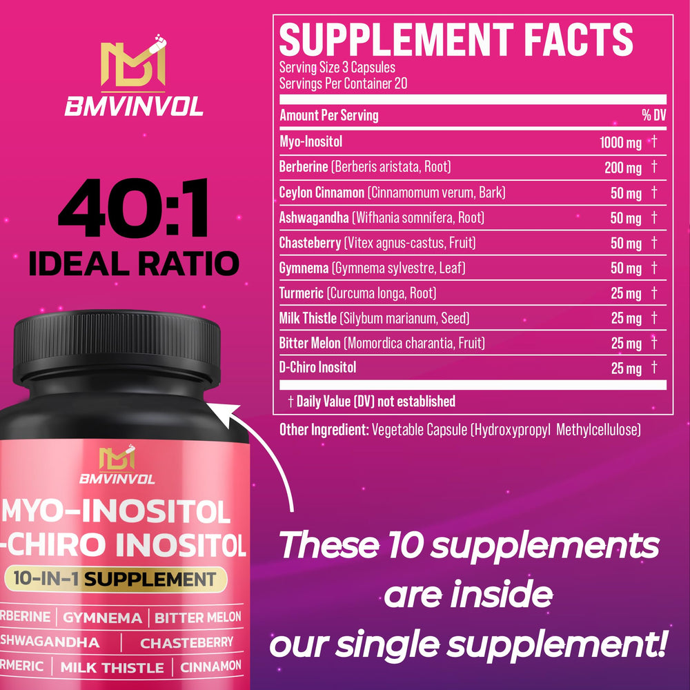 Close-up of BMVINVOL Inositol capsules for daily use.