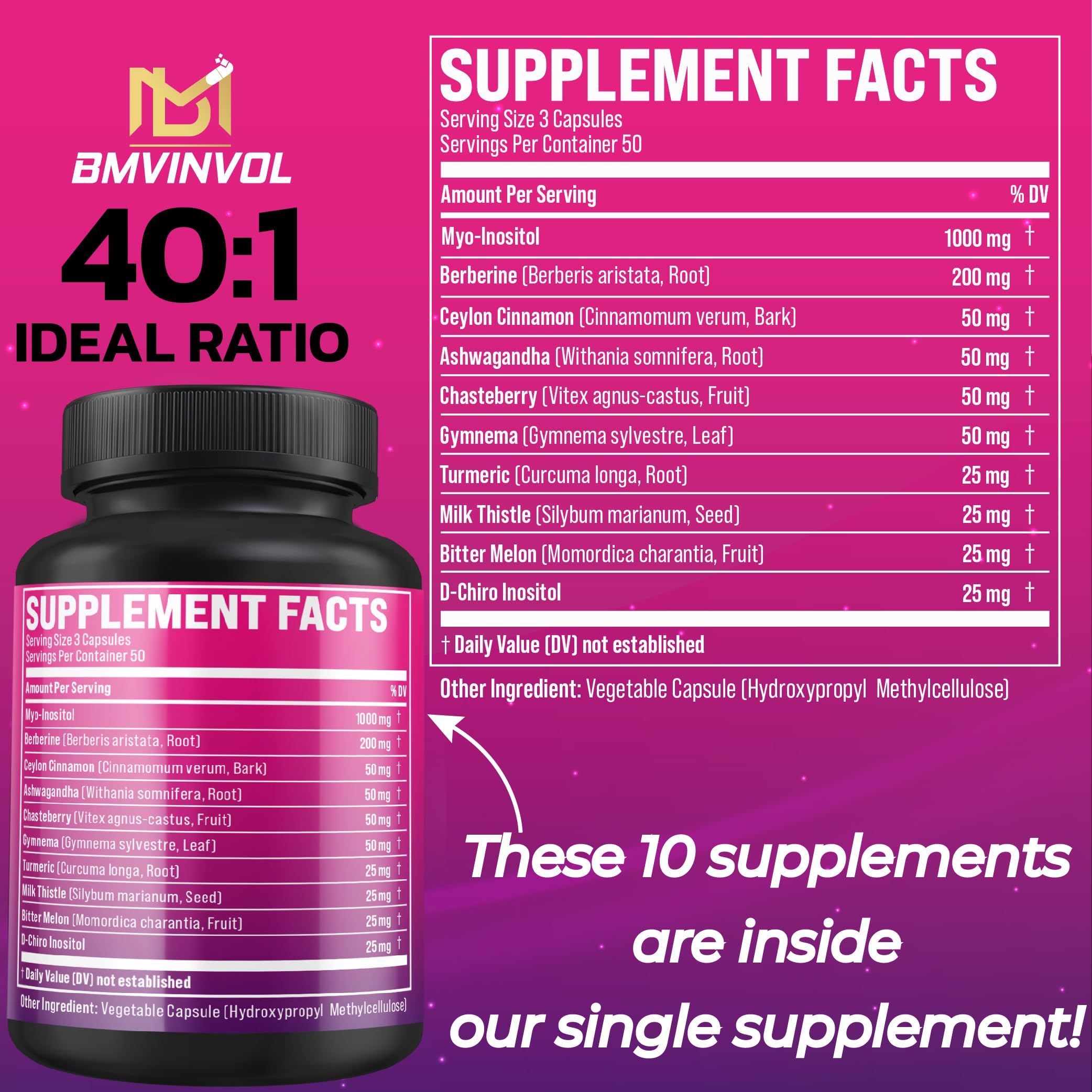 Close-up of BMVINVOL Inositol capsules for daily use
