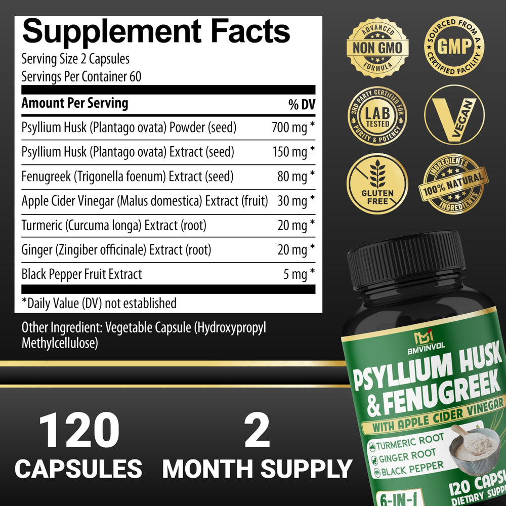 BMVINVOL psyllium husk blend capsules ready for daily wellness routine.