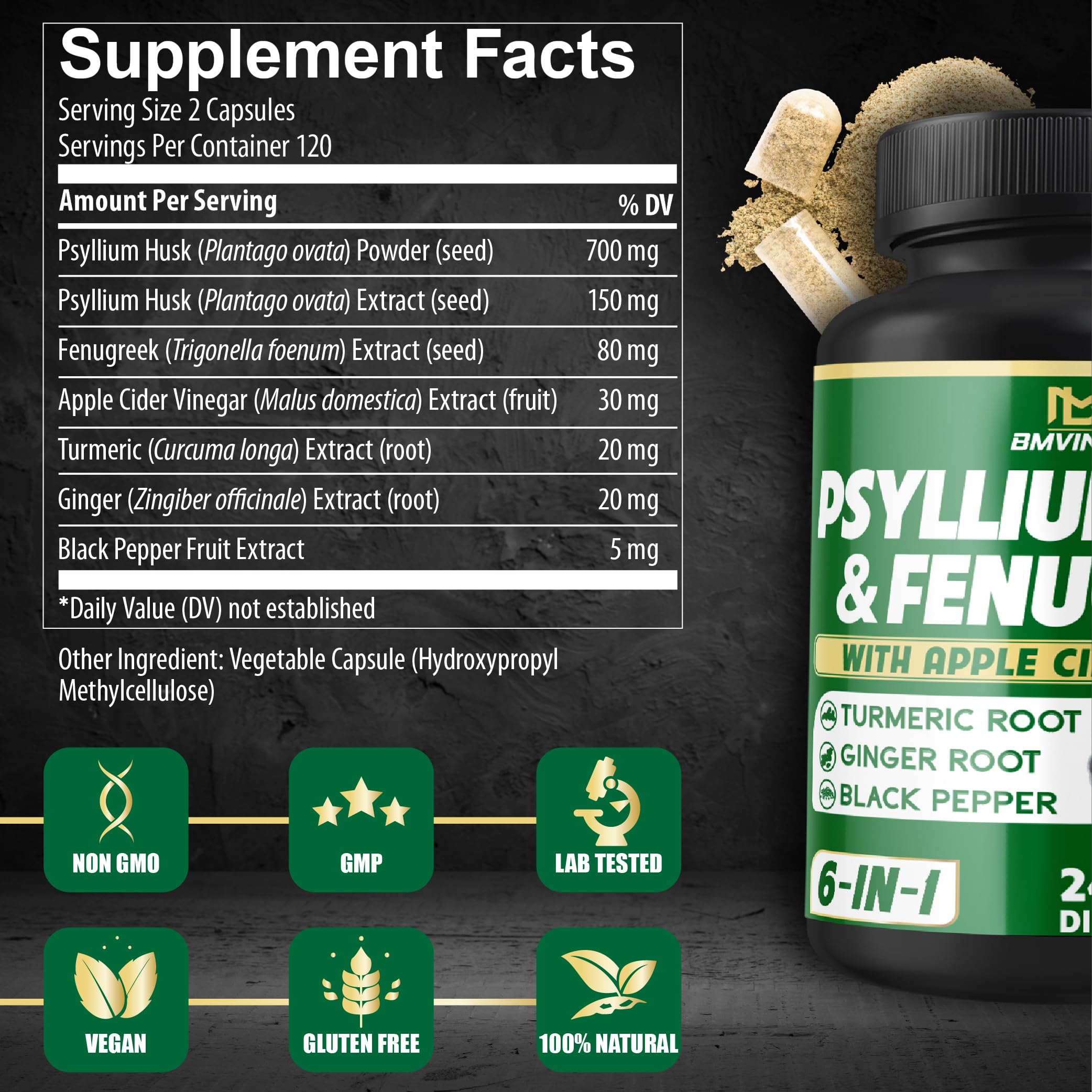 BMVINVOL Psyllium Husk bottle label highlighting natural fiber ingredients