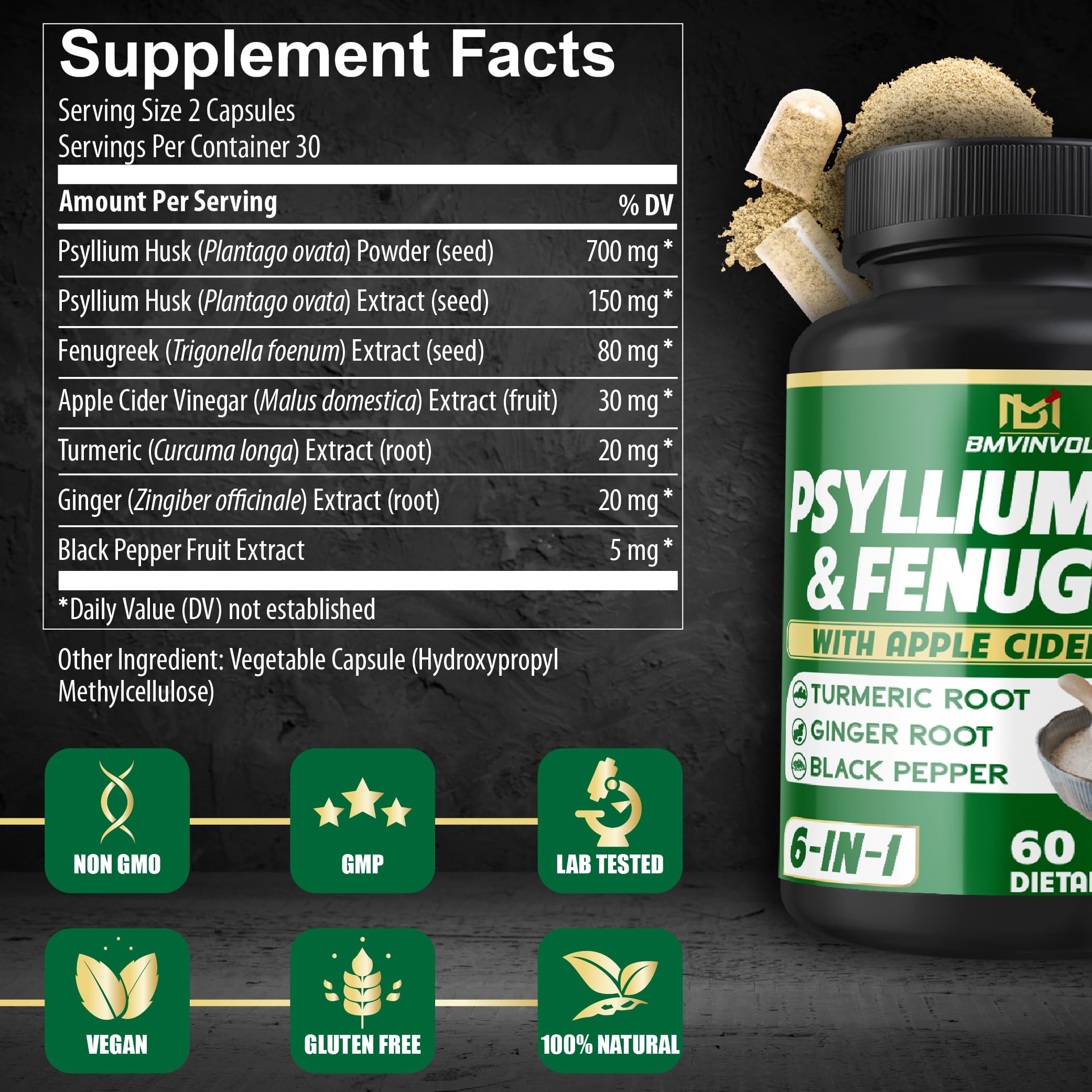 BMVINVOL Psyllium husk bottle shows easy-to-swallow capsules for routine use.